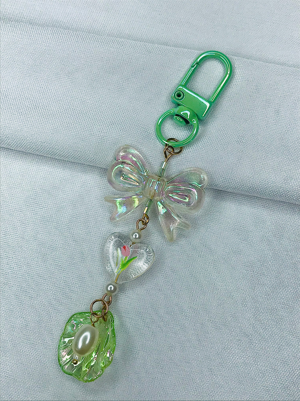 Seapearl Serenade Phone Charm | Elegant Pearl Flower Petal & Bow | Trending Aesthetic Strap for Girls | Perfect Gift for Her| Green|