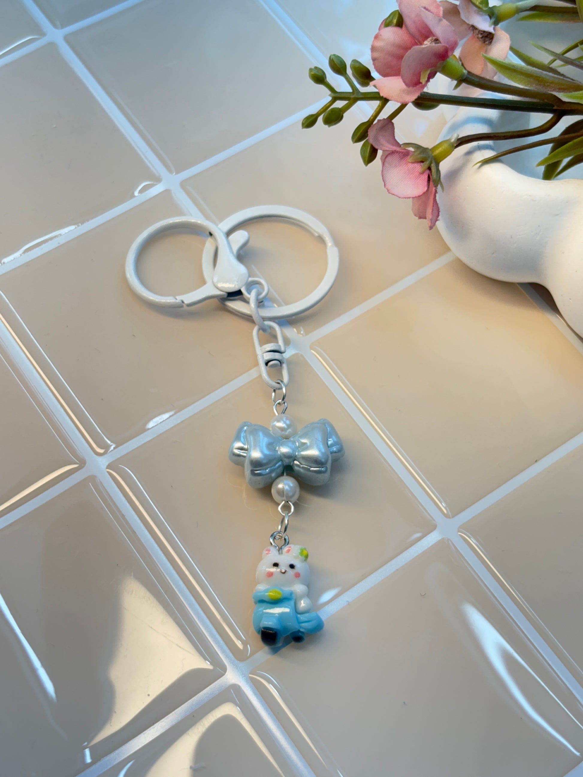 Icy Blue Bow with Bunny on Scooter Keychain | White Hardware & Pearl Details | Kawaii Phone, Backpack & Purse Charm
