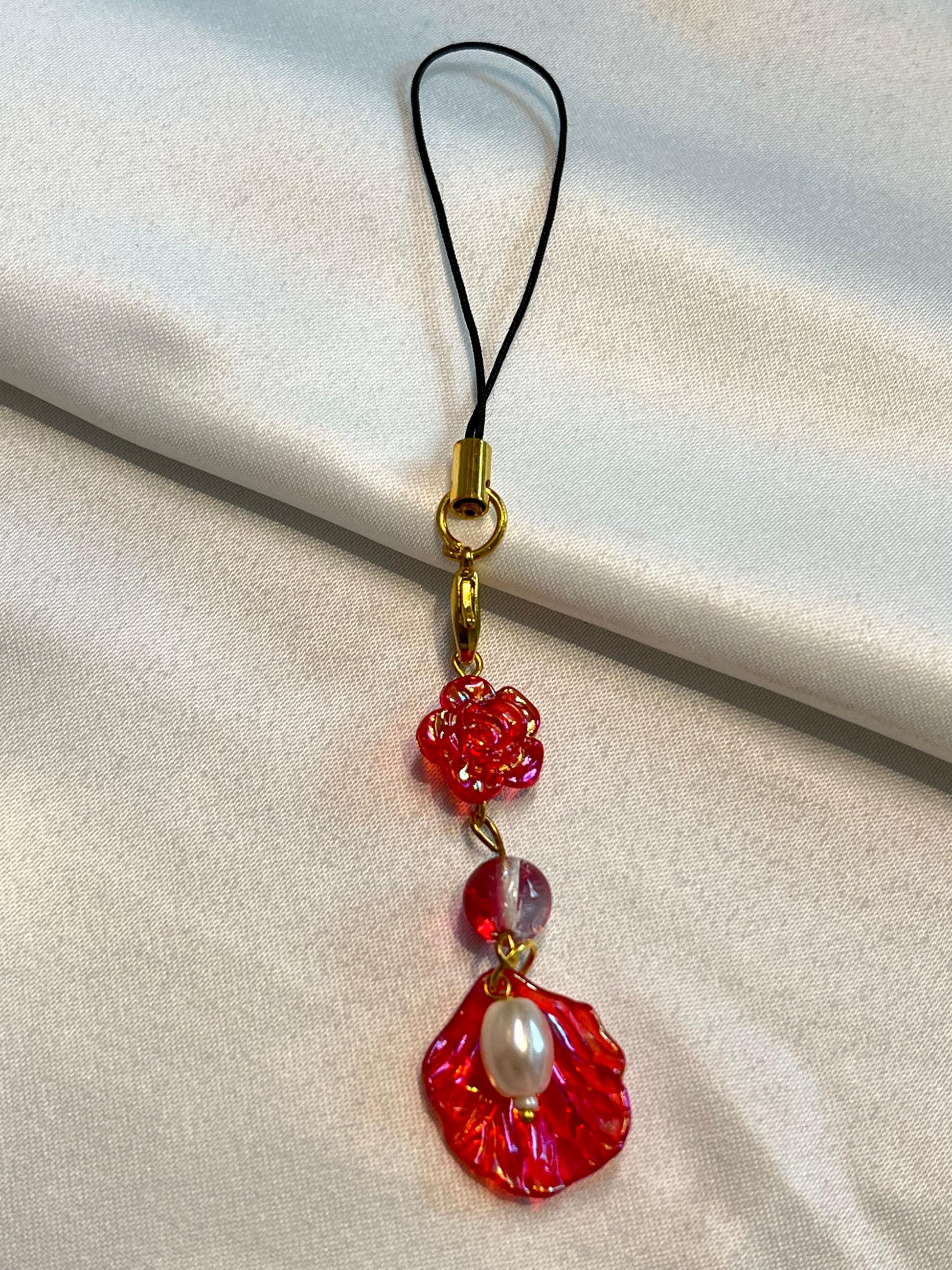 Rose Petal Pearl Charm | Red Floral  | Romantic Accessory for Elegant & Vintage Aesthetics|Red|Pearl|
