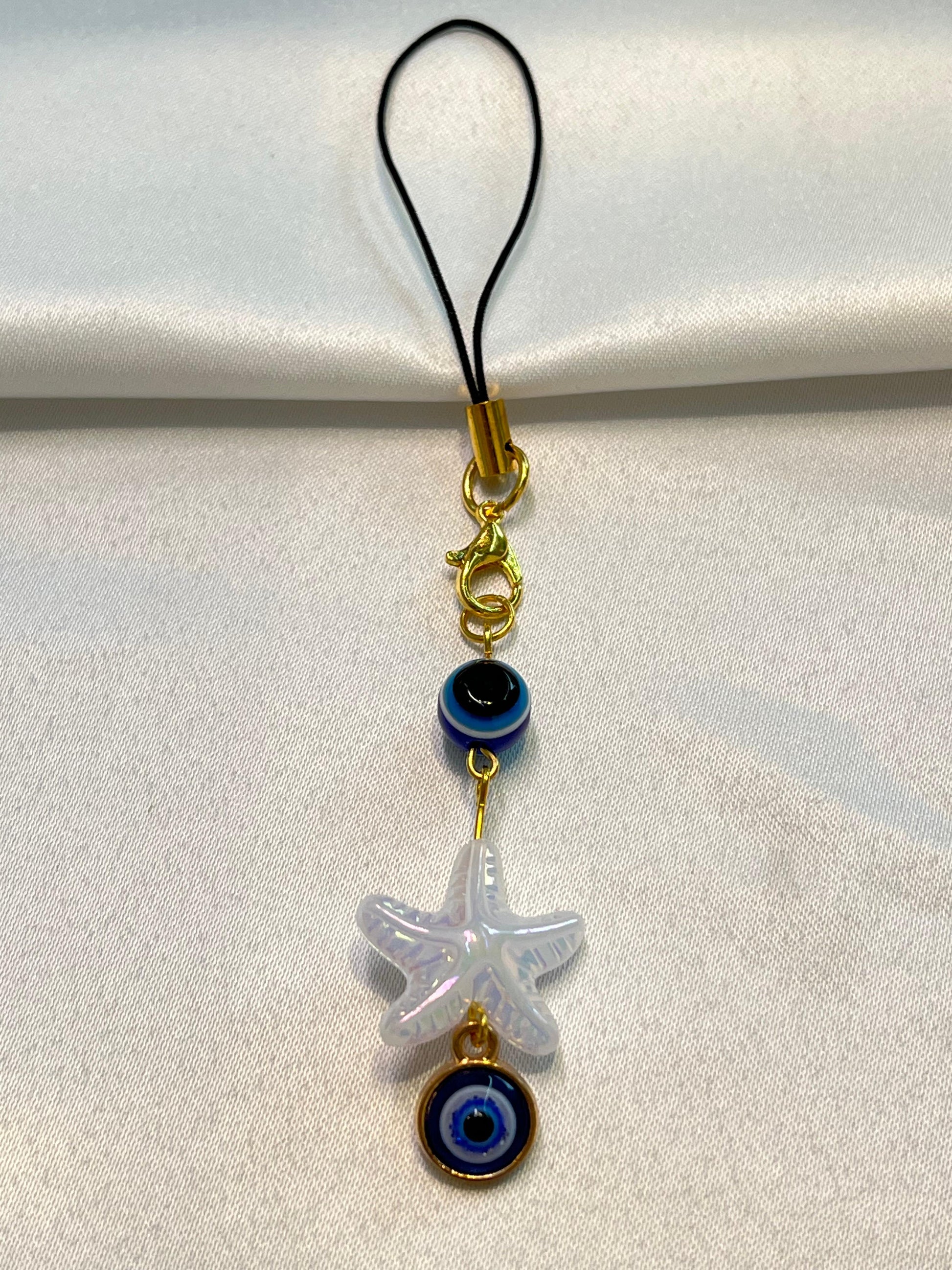 Starry Sea Evil Eye Phone Charm | White Starfish with Blue Evil Eye Beads | Cute Mobile Charm for Girls | Evil eye| Blue and white