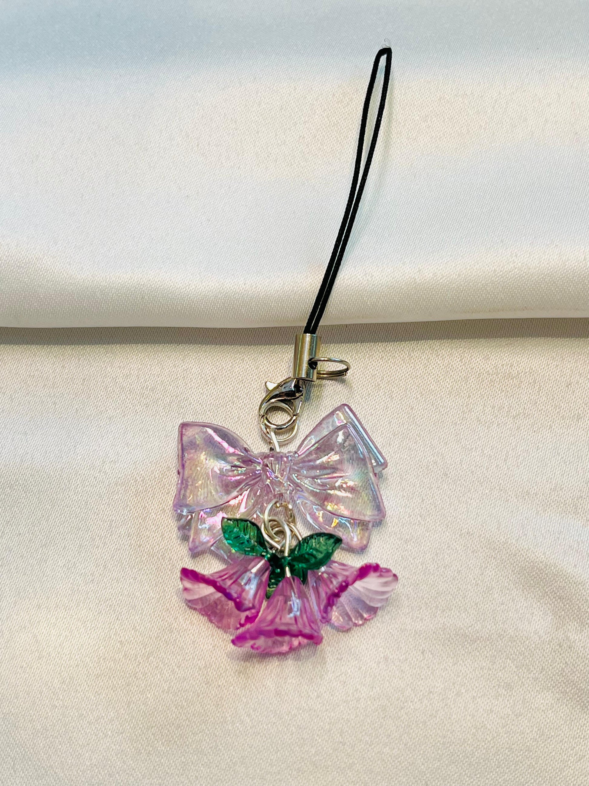 TwinkleBell Pink Floral Phone Charm | Mobile Case Pendant Strap | Cute Wrist Lanyard Keychain for Girls | Aesthetic Smartphone Accessory | Phone Cover Hanging Decoration (White-Pink)