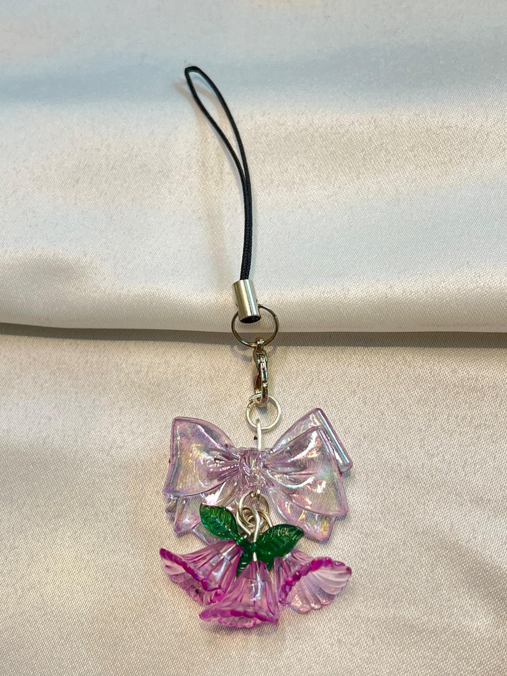 TwinkleBell Pink Floral Phone Charm | Mobile Case Pendant Strap | Cute Wrist Lanyard Keychain for Girls | Aesthetic Smartphone Accessory | Phone Cover Hanging Decoration (White-Pink)