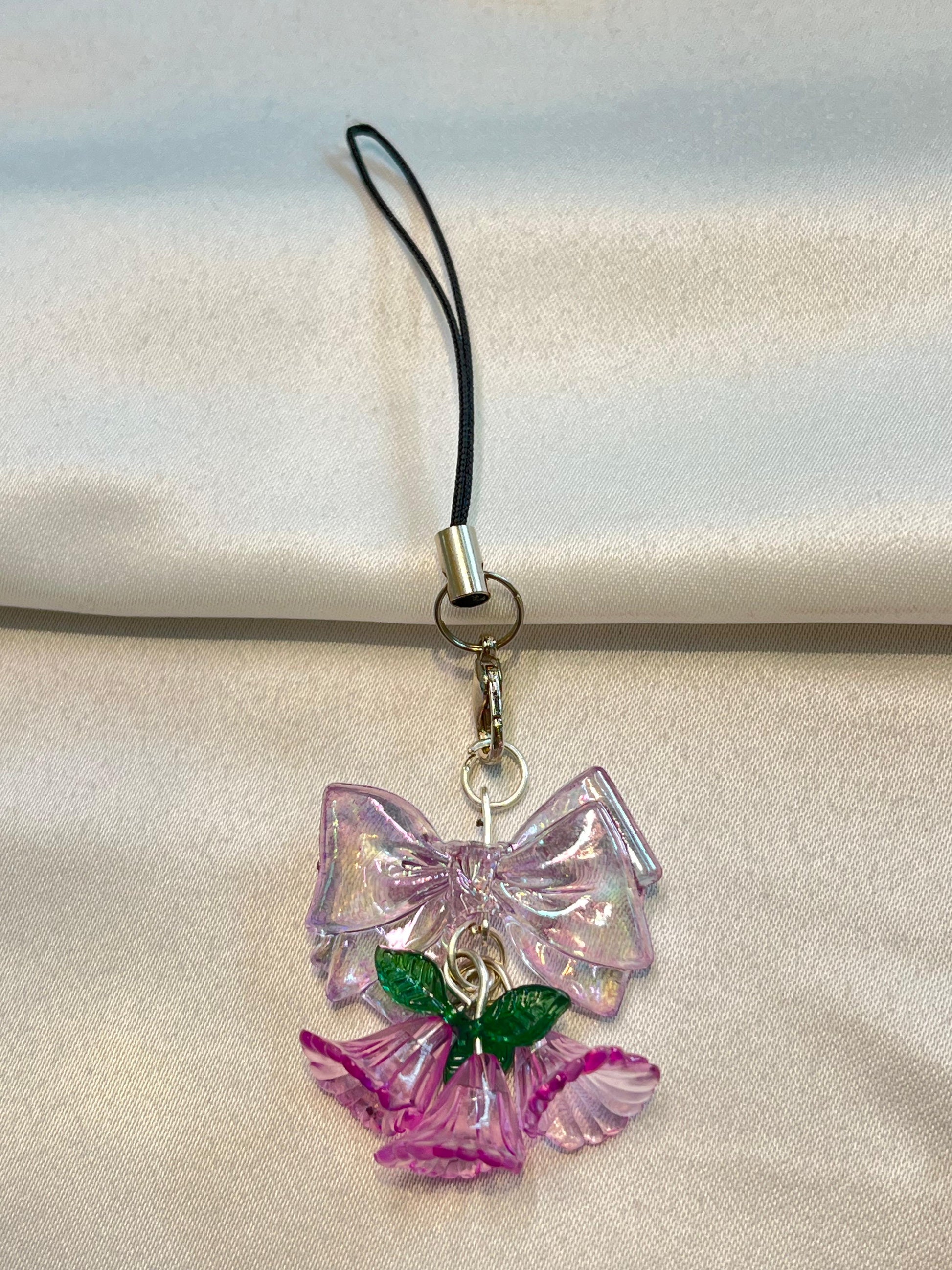 TwinkleBell Pink Floral Phone Charm | Mobile Case Pendant Strap | Cute Wrist Lanyard Keychain for Girls | Aesthetic Smartphone Accessory | Phone Cover Hanging Decoration (White-Pink)