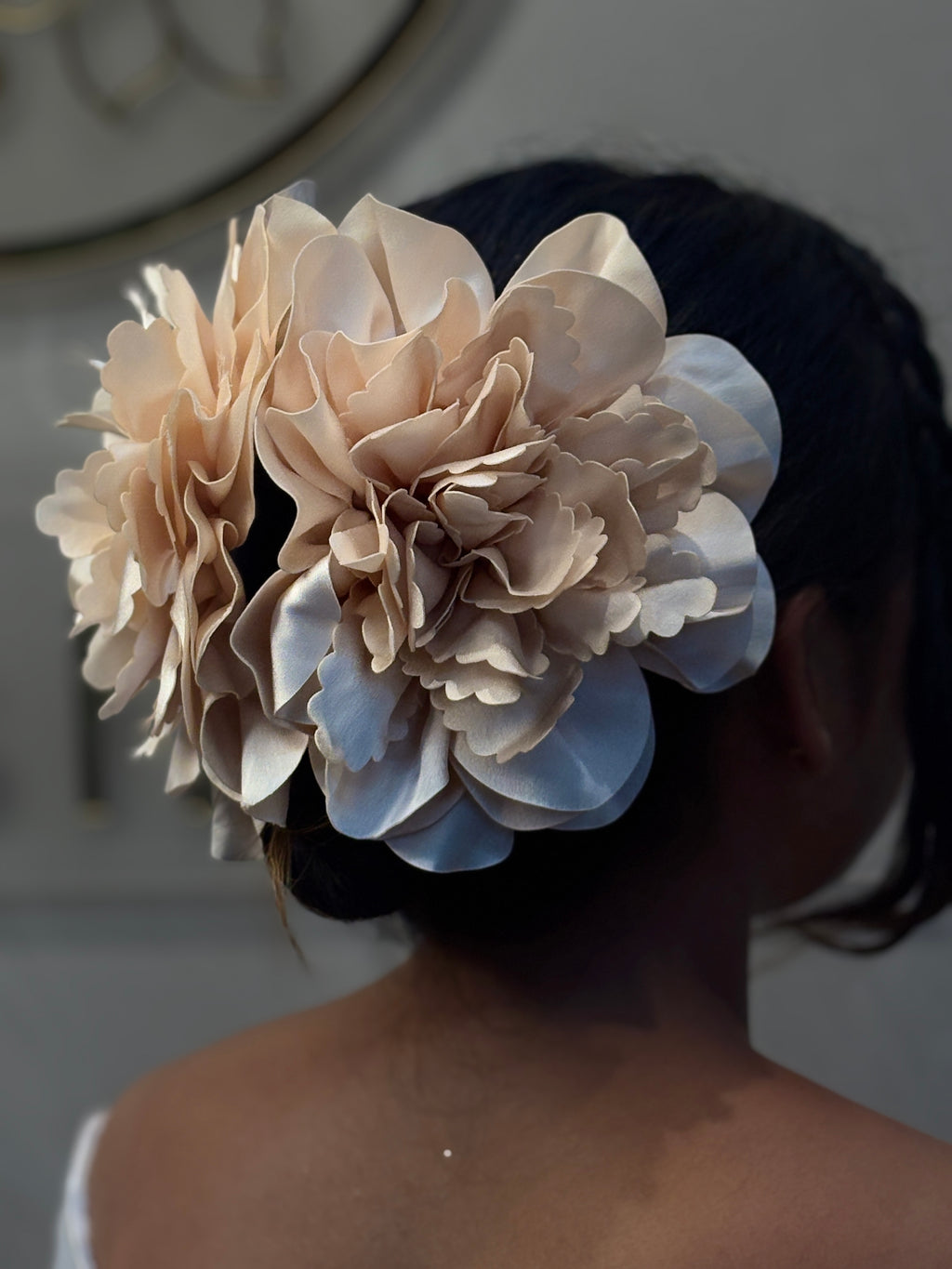Oversized Satin Flower Hair Claw Clip for Women | Statement Hair Accessory for Buns and Updos | Available in Champagne Beige | Smokey Blue