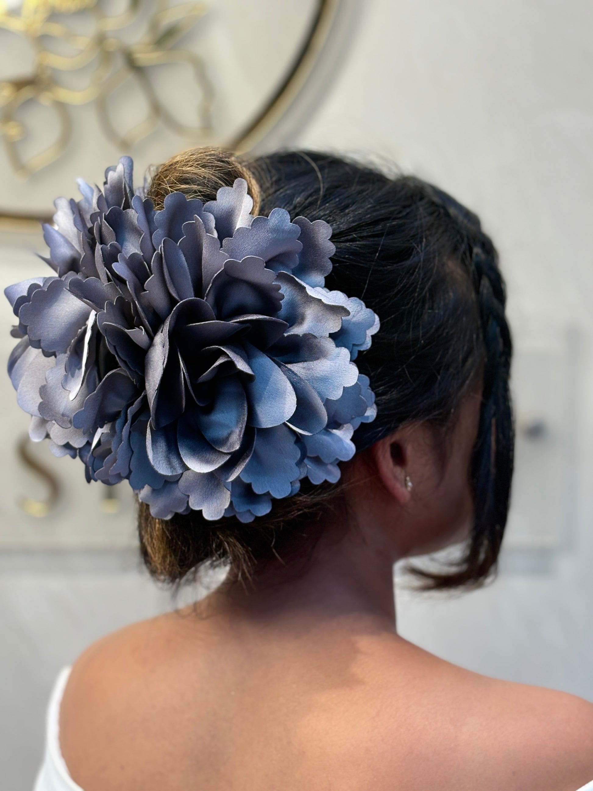 Oversized Satin Flower Hair Claw Clip for Women | Statement Hair Accessory for Buns and Updos | Available in Champagne Beige | Smokey Blue
