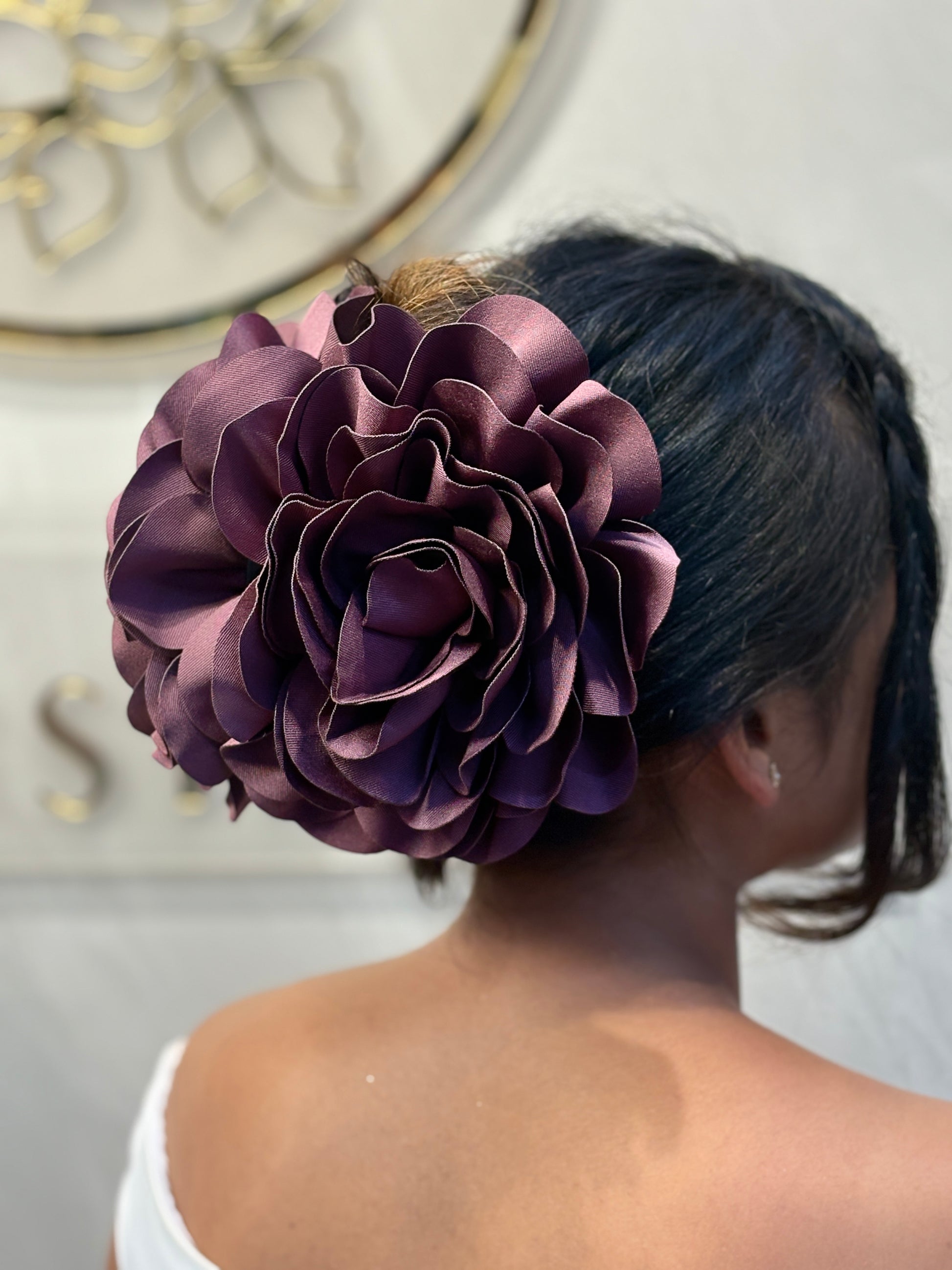 Oversized Fabric Flower Hair Clip for Women | Large Rose Hair Accessory for Bun, Flamenco, Dance, Bridal & Formal Hairstyles | Elegant Satin Flower Barrette in Dusty Pink & Deep Plum | Statement Hairpiece for Weddings & Events