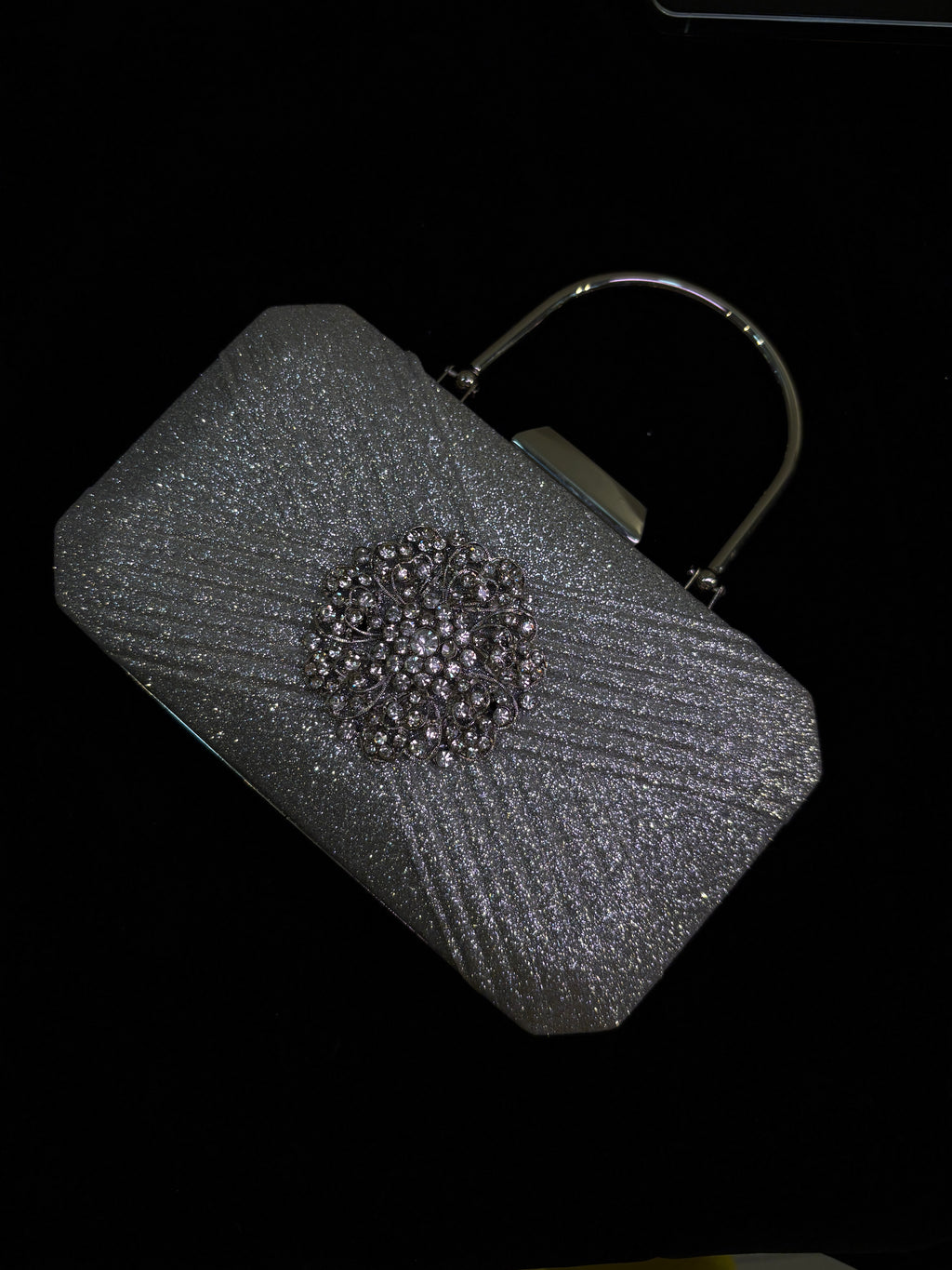 Silver Glitter Clutch with Vintage Brooch | Sparkling Evening Handbag | Cocktail & Formal Event Purse | Sleek Handle Design