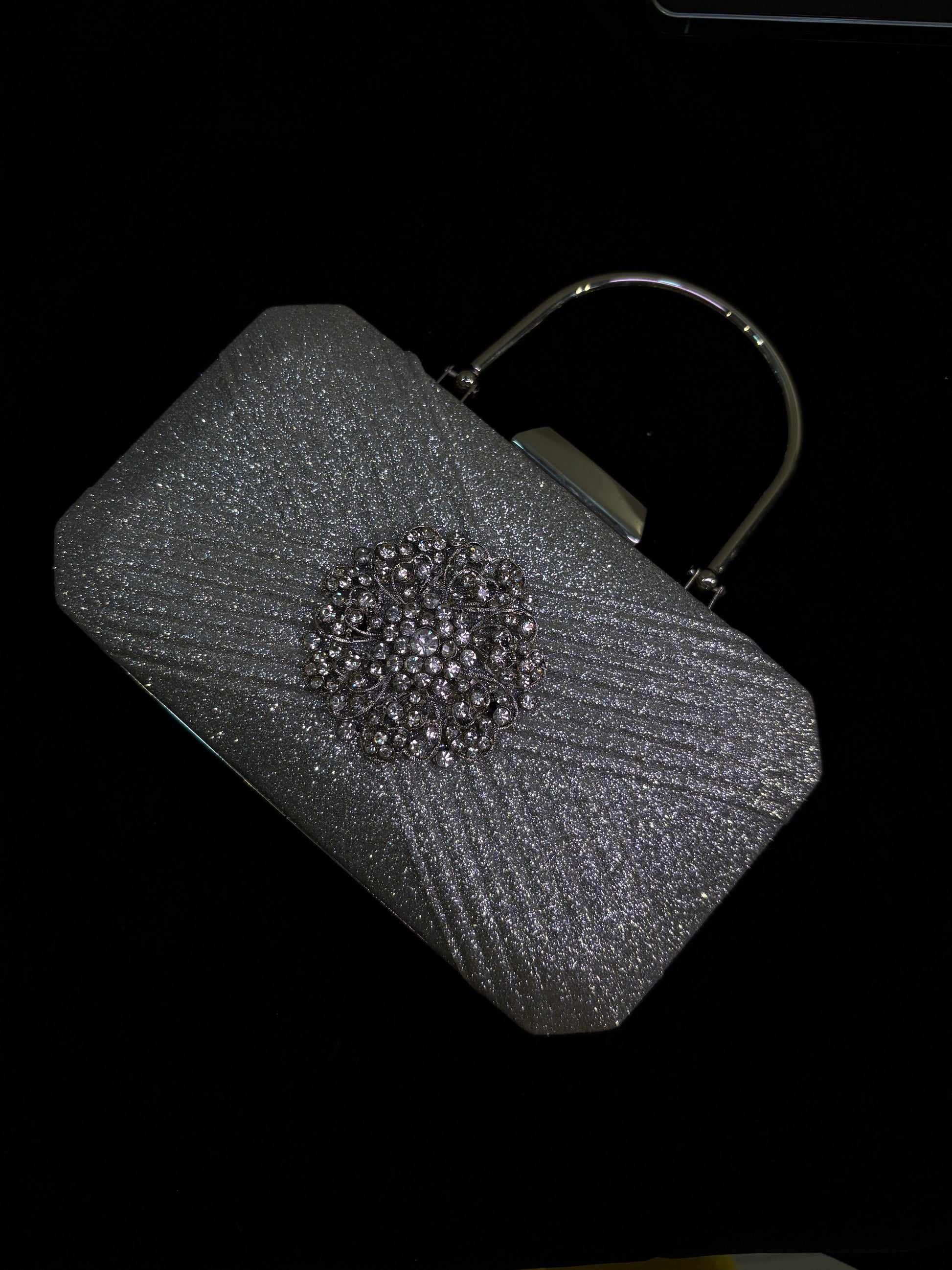 Silver Glitter Clutch with Vintage Brooch | Sparkling Evening Handbag | Cocktail & Formal Event Purse | Sleek Handle Design