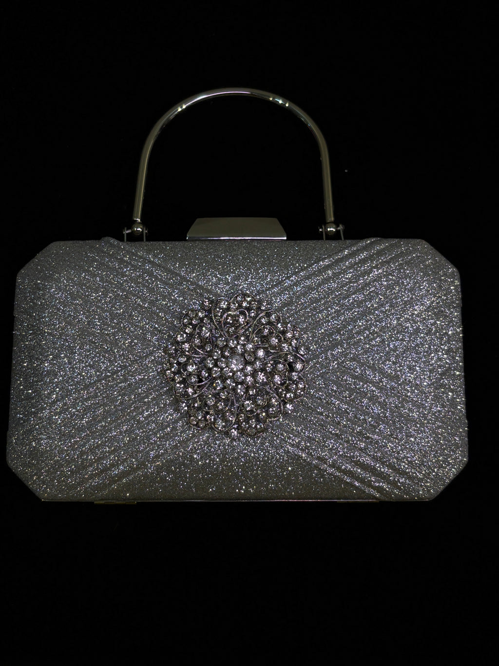 Silver Glitter Clutch with Vintage Brooch | Sparkling Evening Handbag | Cocktail & Formal Event Purse | Sleek Handle Design
