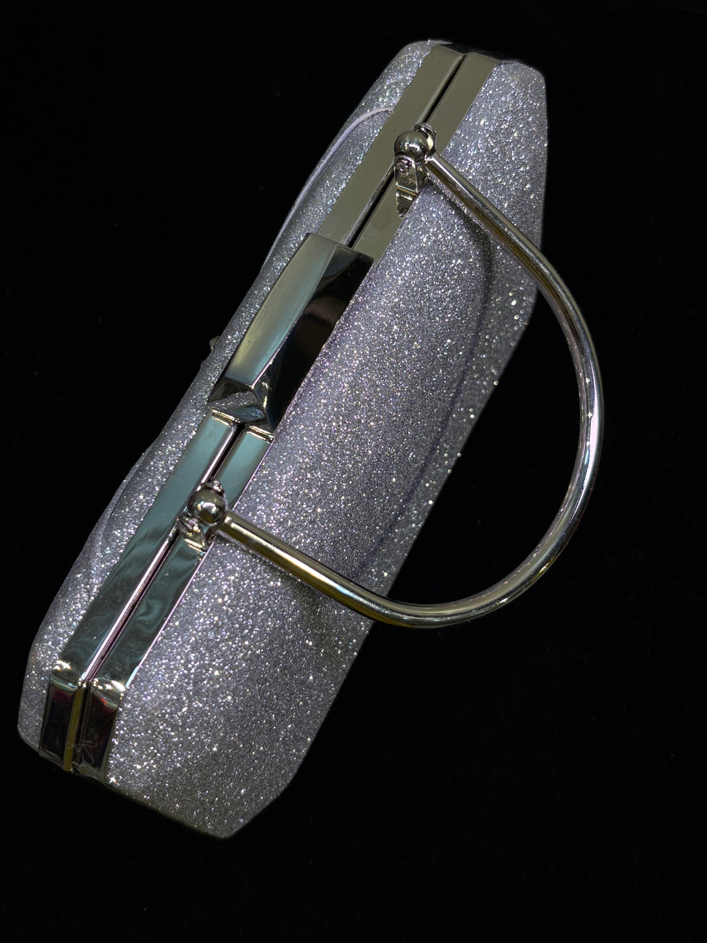 Silver Glitter Clutch with Vintage Brooch | Sparkling Evening Handbag | Cocktail & Formal Event Purse | Sleek Handle Design