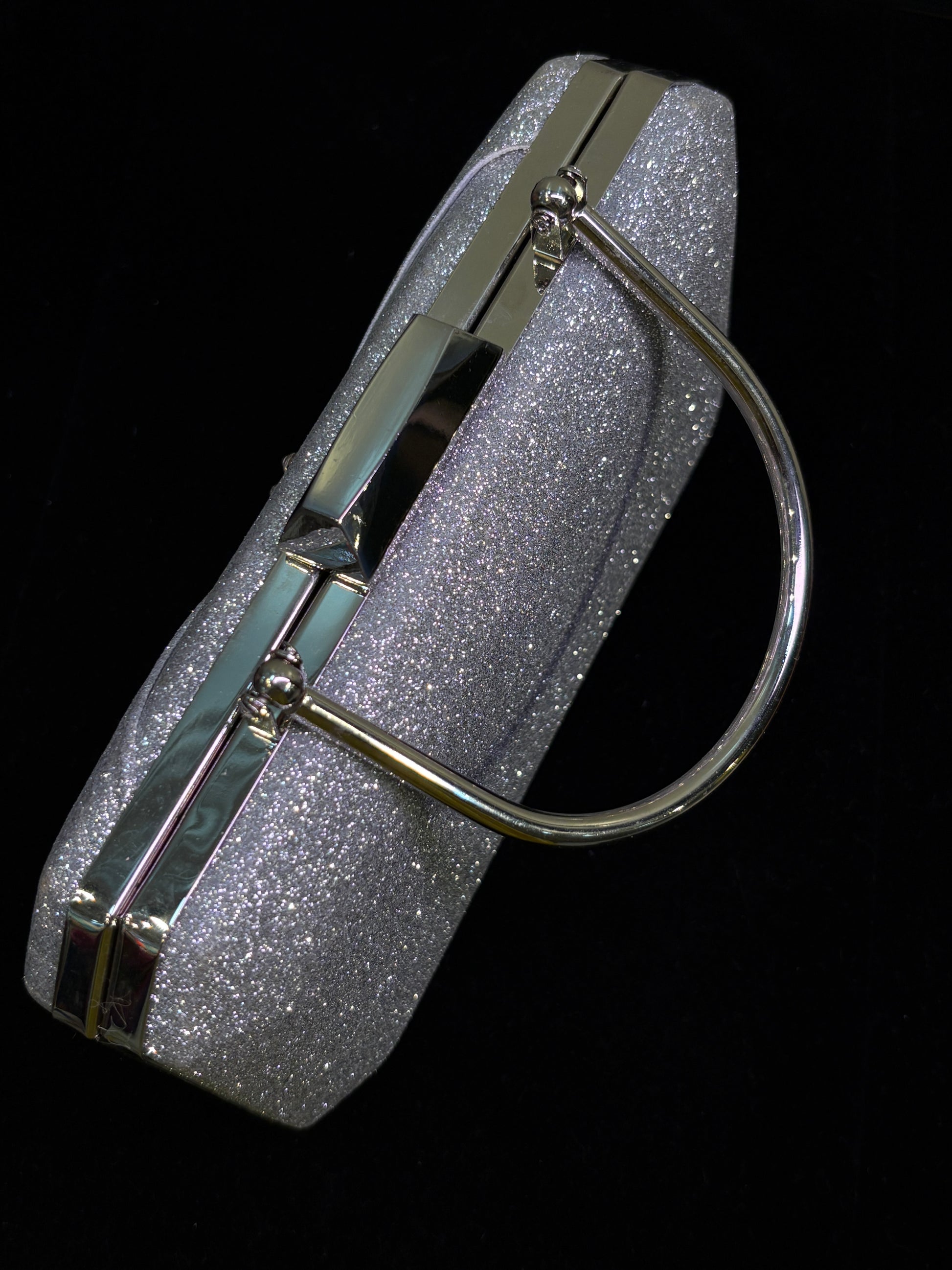 Silver Glitter Clutch with Vintage Brooch | Sparkling Evening Handbag | Cocktail & Formal Event Purse | Sleek Handle Design
