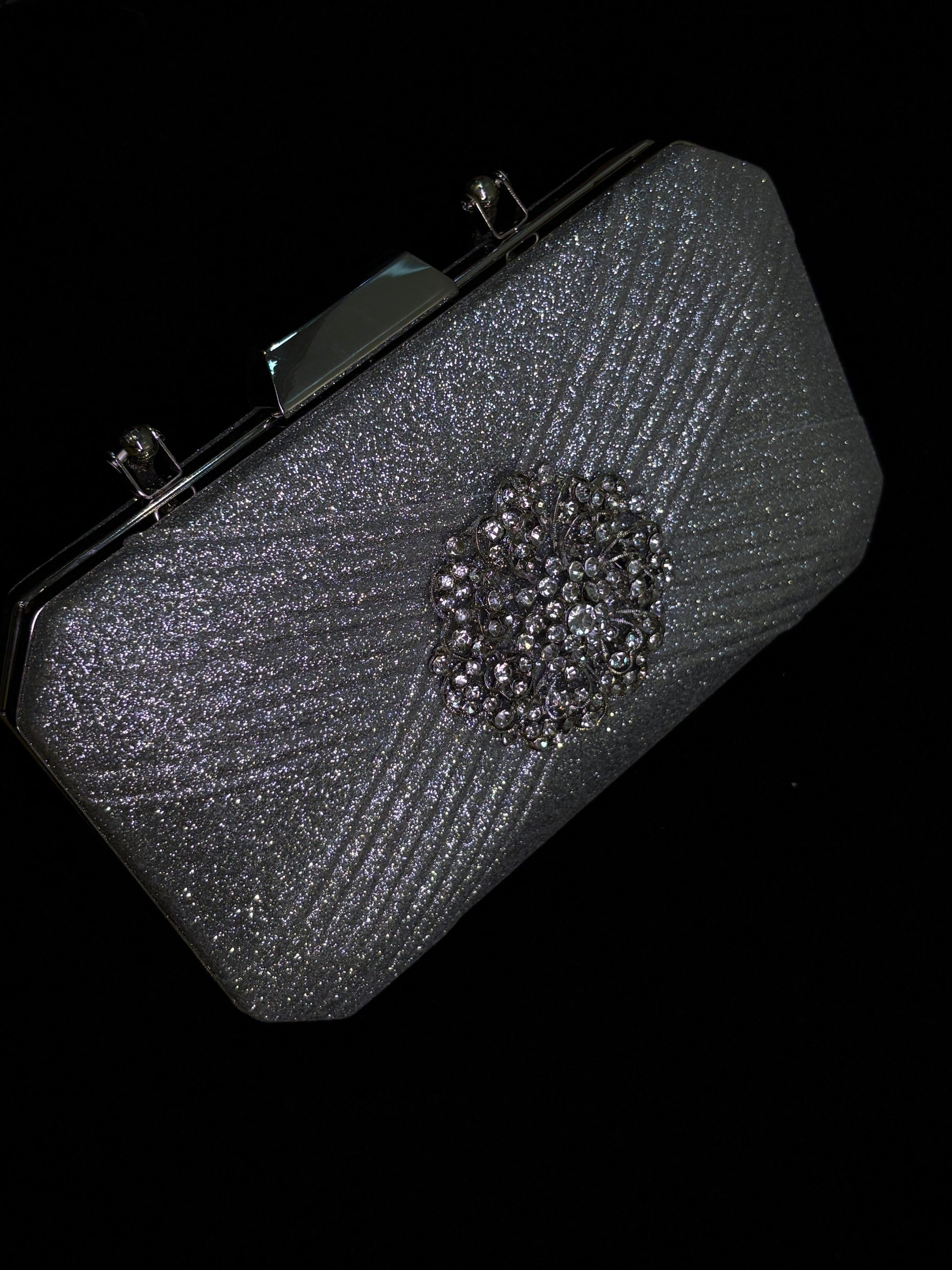Silver Glitter Clutch with Vintage Brooch | Sparkling Evening Handbag | Cocktail & Formal Event Purse | Sleek Handle Design