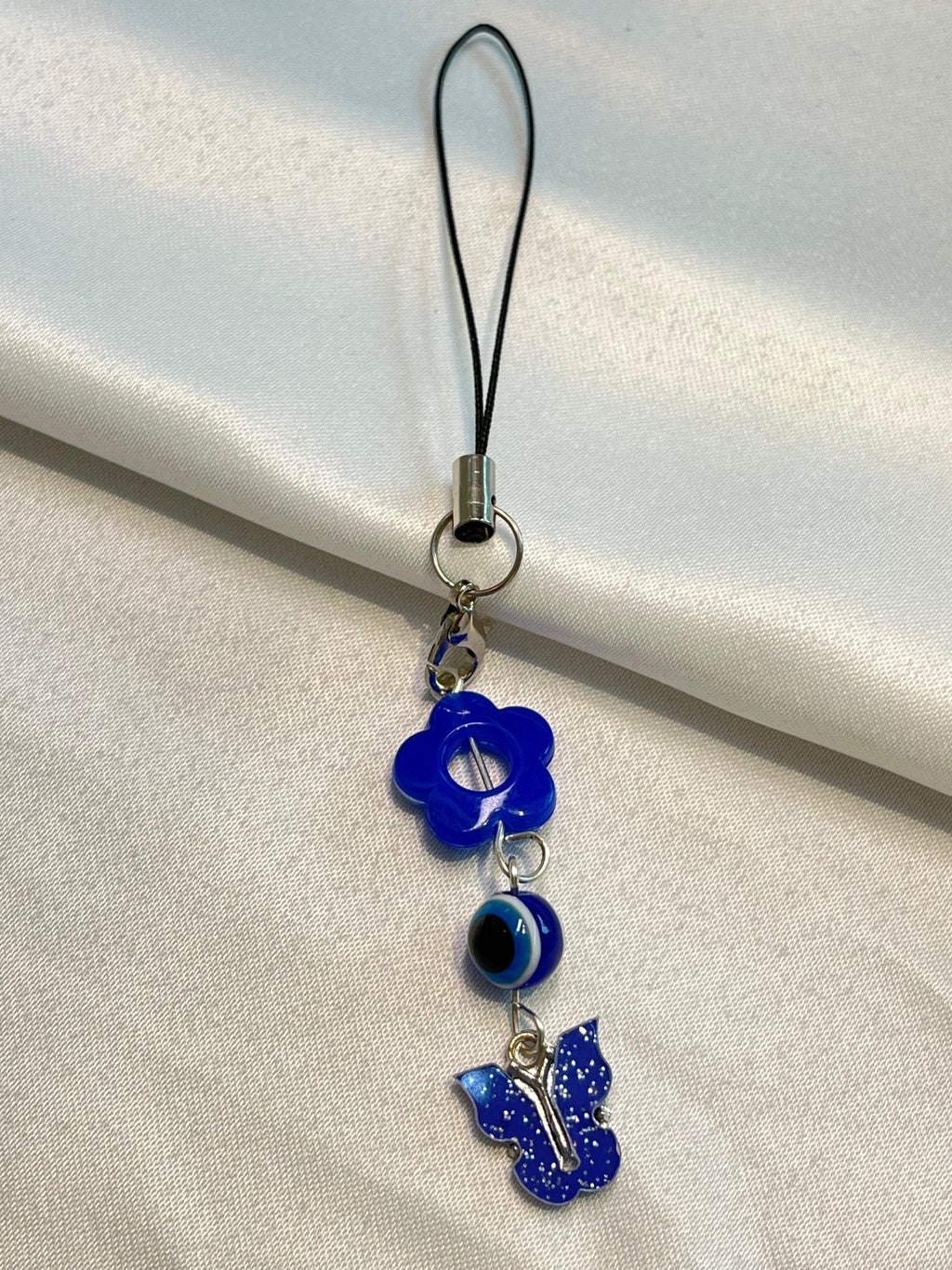 Evil Eye butterfly charm|phone charm| Blue Flower, Eye Bead & Butterfly Trio | Protection Charm with Pastel Sparkle|blue and white