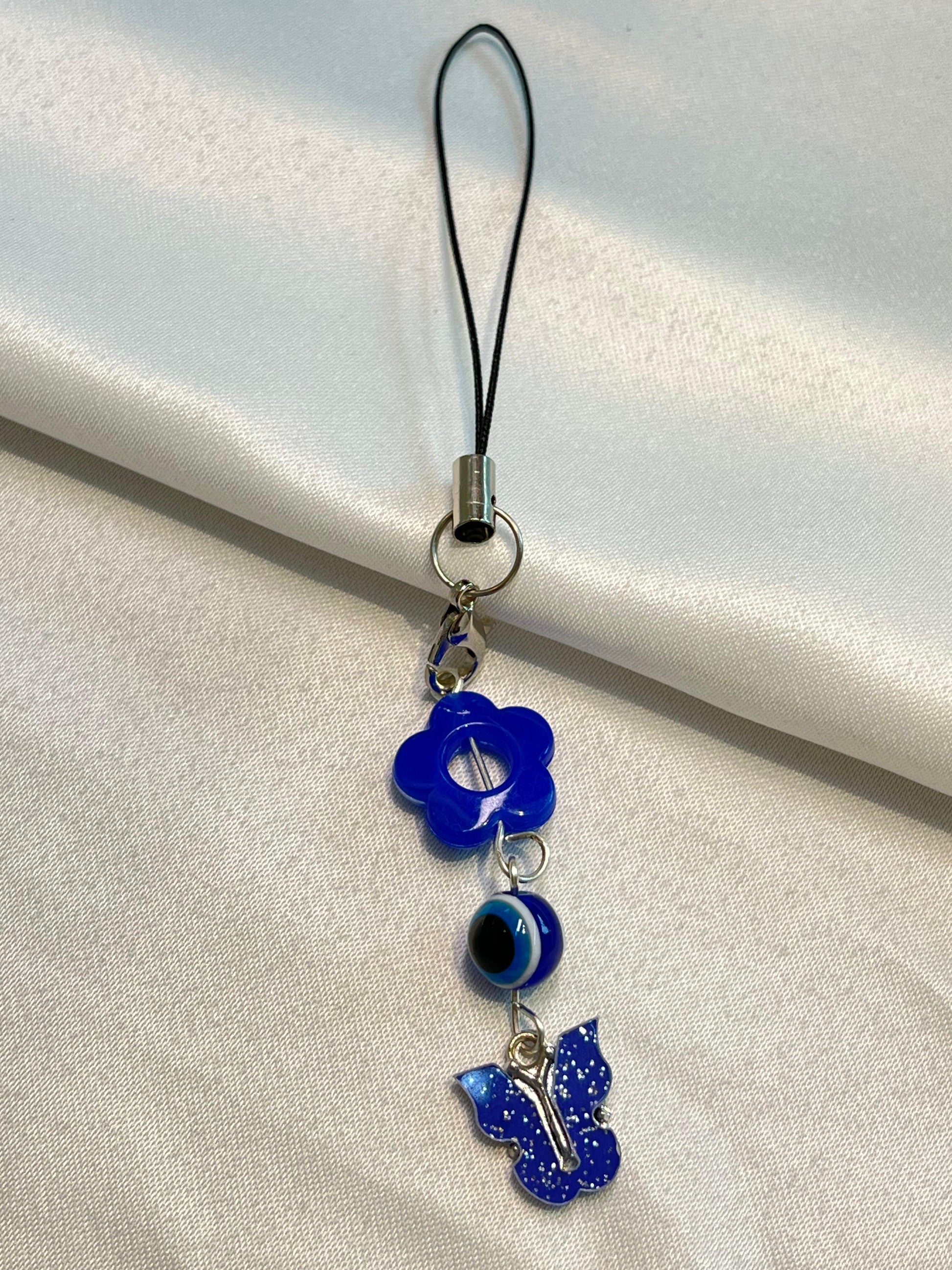 Evil Eye butterfly charm|phone charm| Blue Flower, Eye Bead & Butterfly Trio | Protection Charm with Pastel Sparkle|blue and white