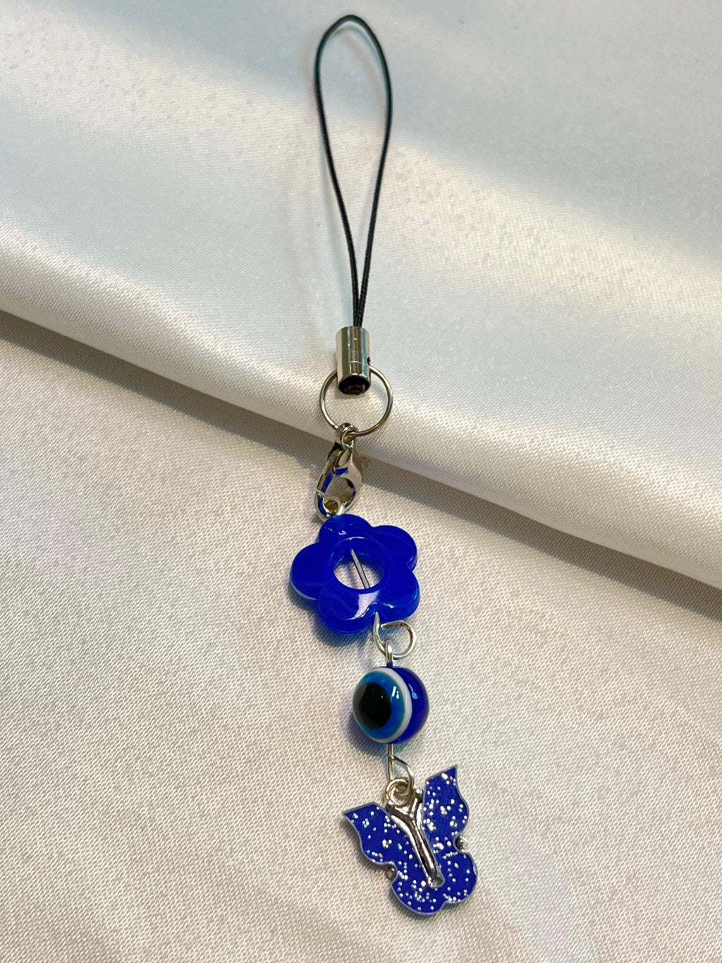 Evil Eye butterfly charm|phone charm| Blue Flower, Eye Bead & Butterfly Trio | Protection Charm with Pastel Sparkle|blue and white