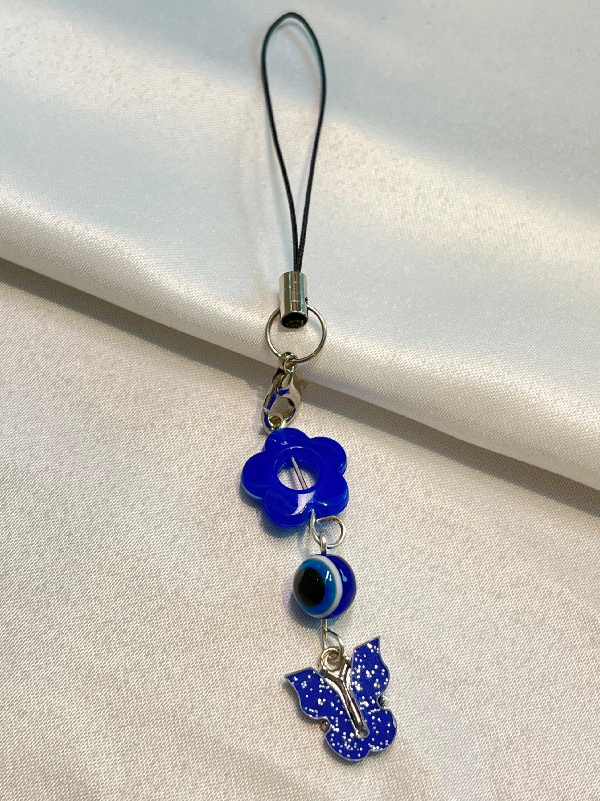 Evil Eye butterfly charm|phone charm| Blue Flower, Eye Bead & Butterfly Trio | Protection Charm with Pastel Sparkle|blue and white