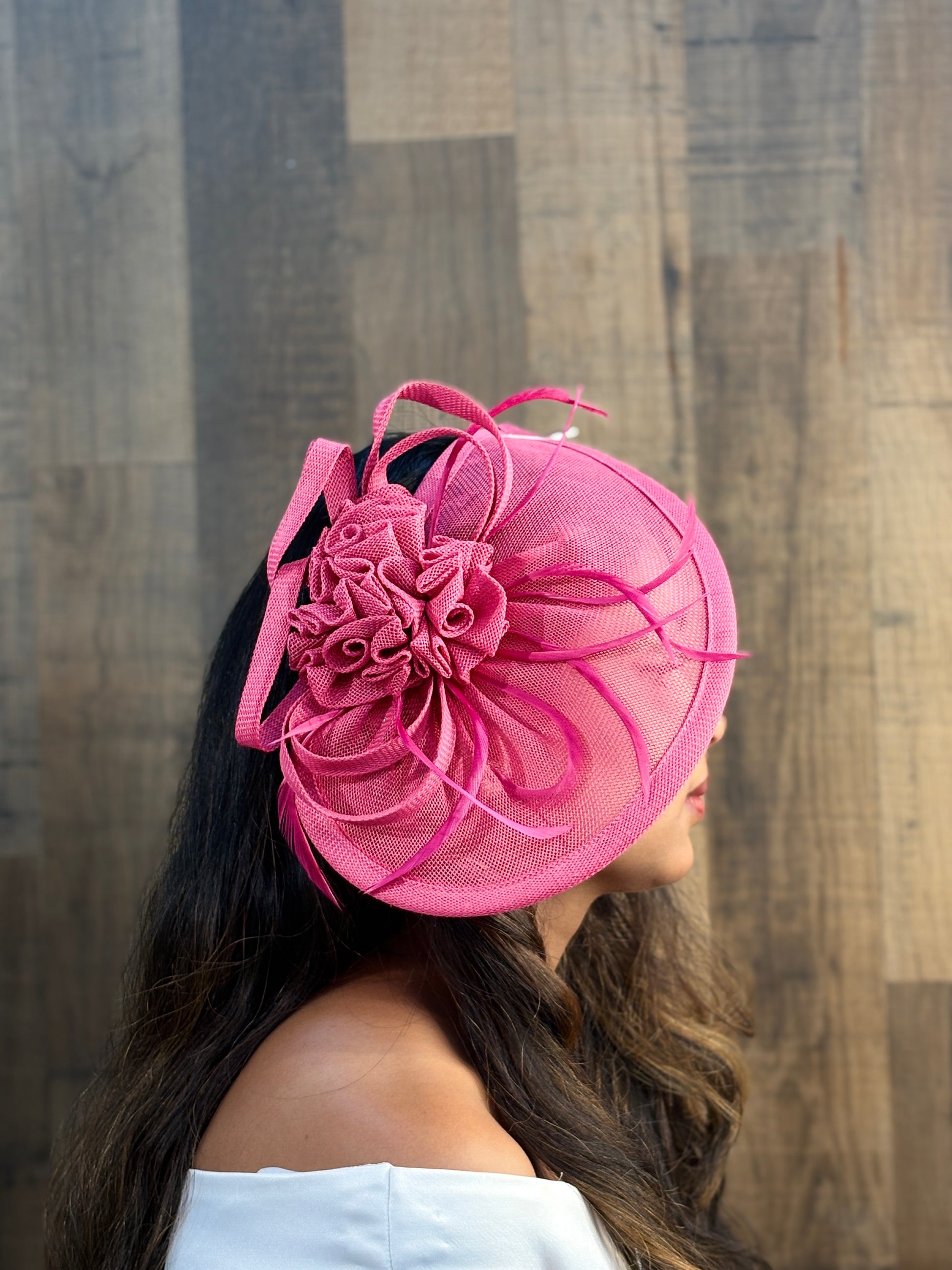 Floral Swirl Fascinator for Women – Pink & White | Sculpted Percher Hat with Rose Bloom & Loops | Elegant Wedding & Race Day Hair Accessory