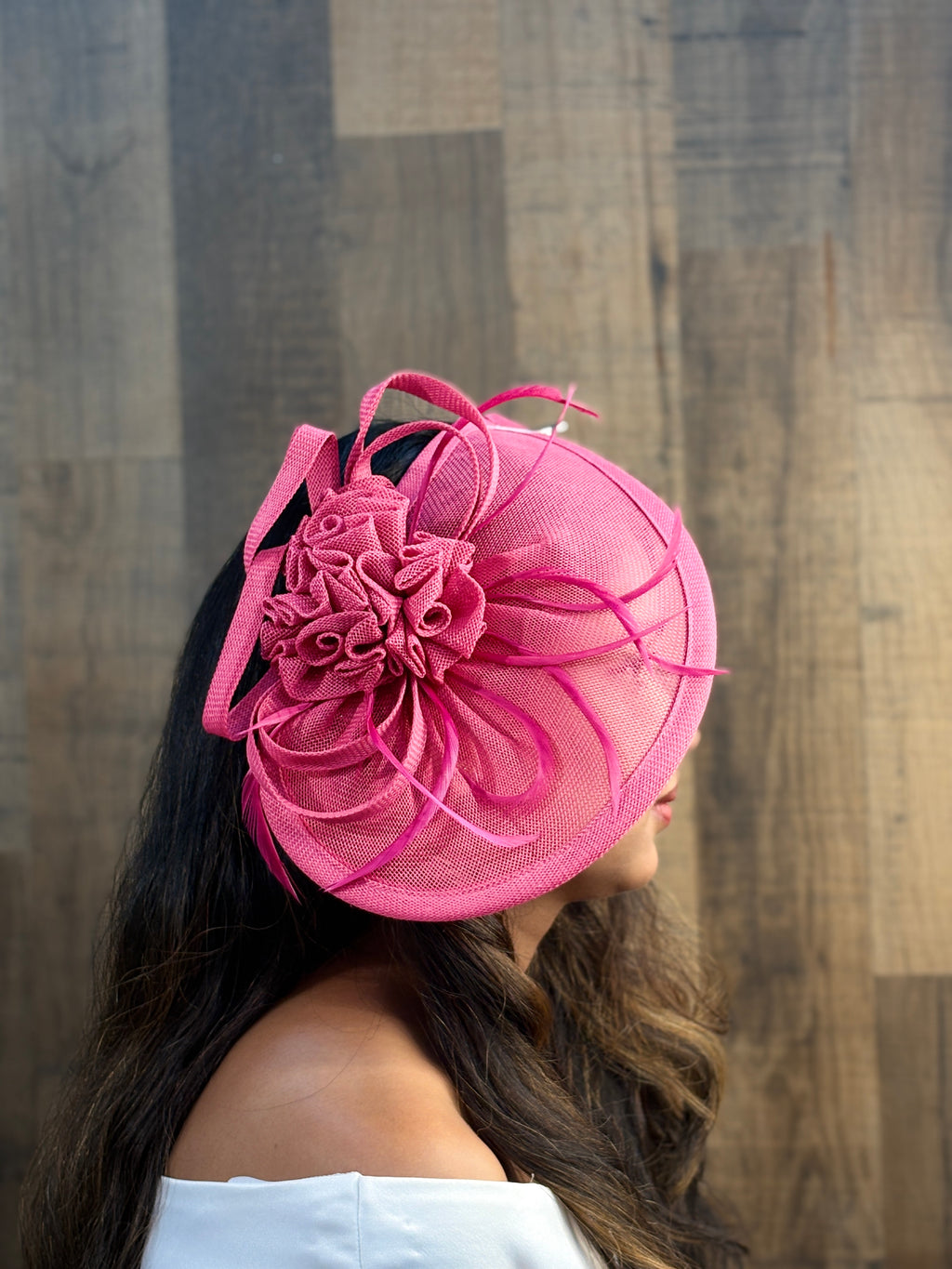Floral Swirl Fascinator for Women – Pink & White | Sculpted Percher Hat with Rose Bloom & Loops | Elegant Wedding & Race Day Hair Accessory