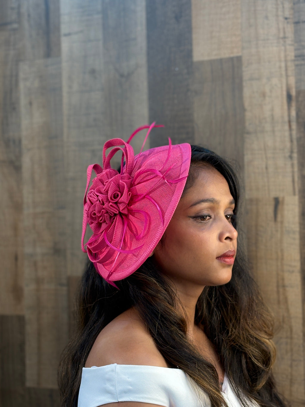 Floral Swirl Fascinator for Women – Pink & White | Sculpted Percher Hat with Rose Bloom & Loops | Elegant Wedding & Race Day Hair Accessory