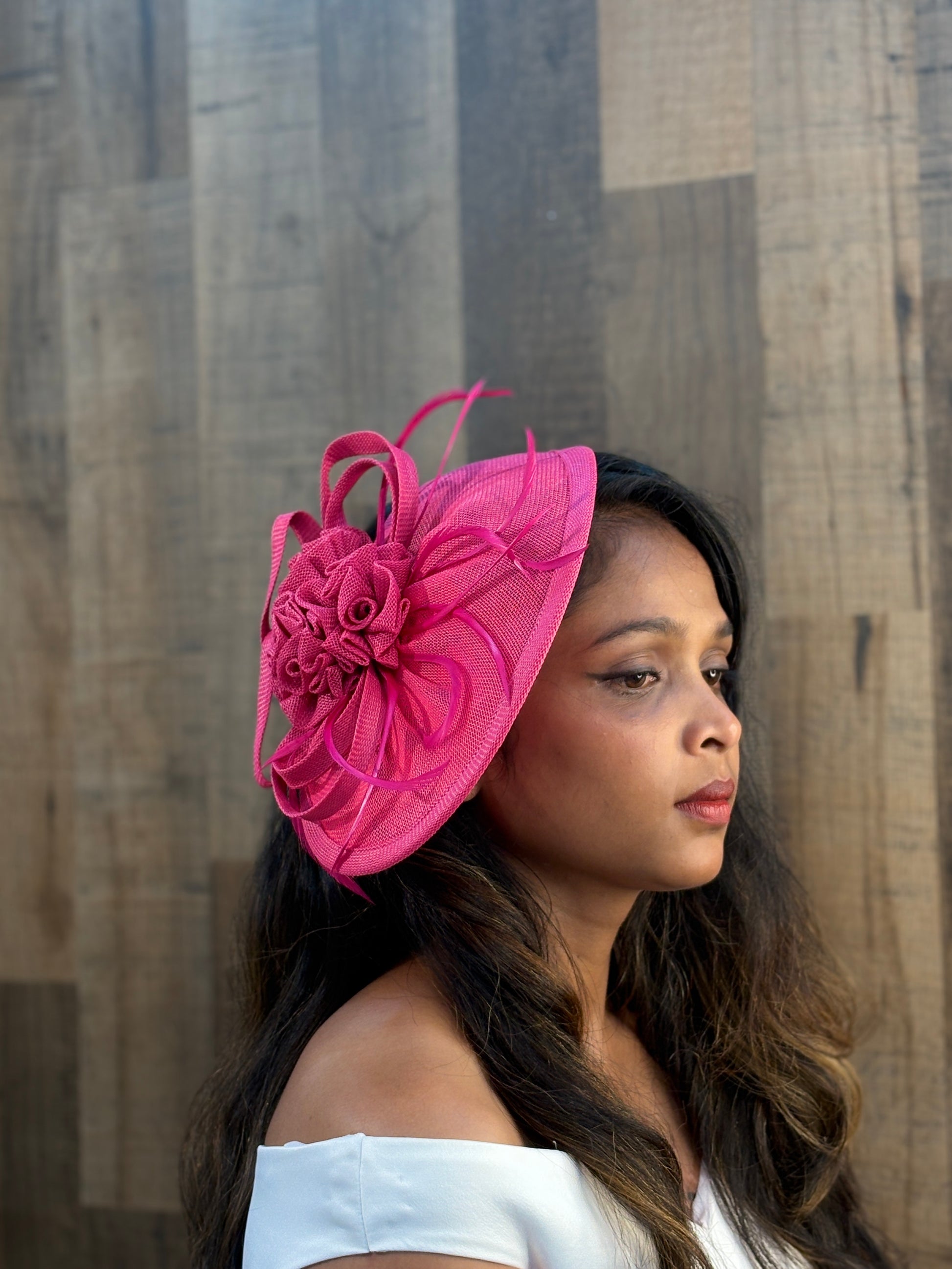 Floral Swirl Fascinator for Women – Pink & White | Sculpted Percher Hat with Rose Bloom & Loops | Elegant Wedding & Race Day Hair Accessory