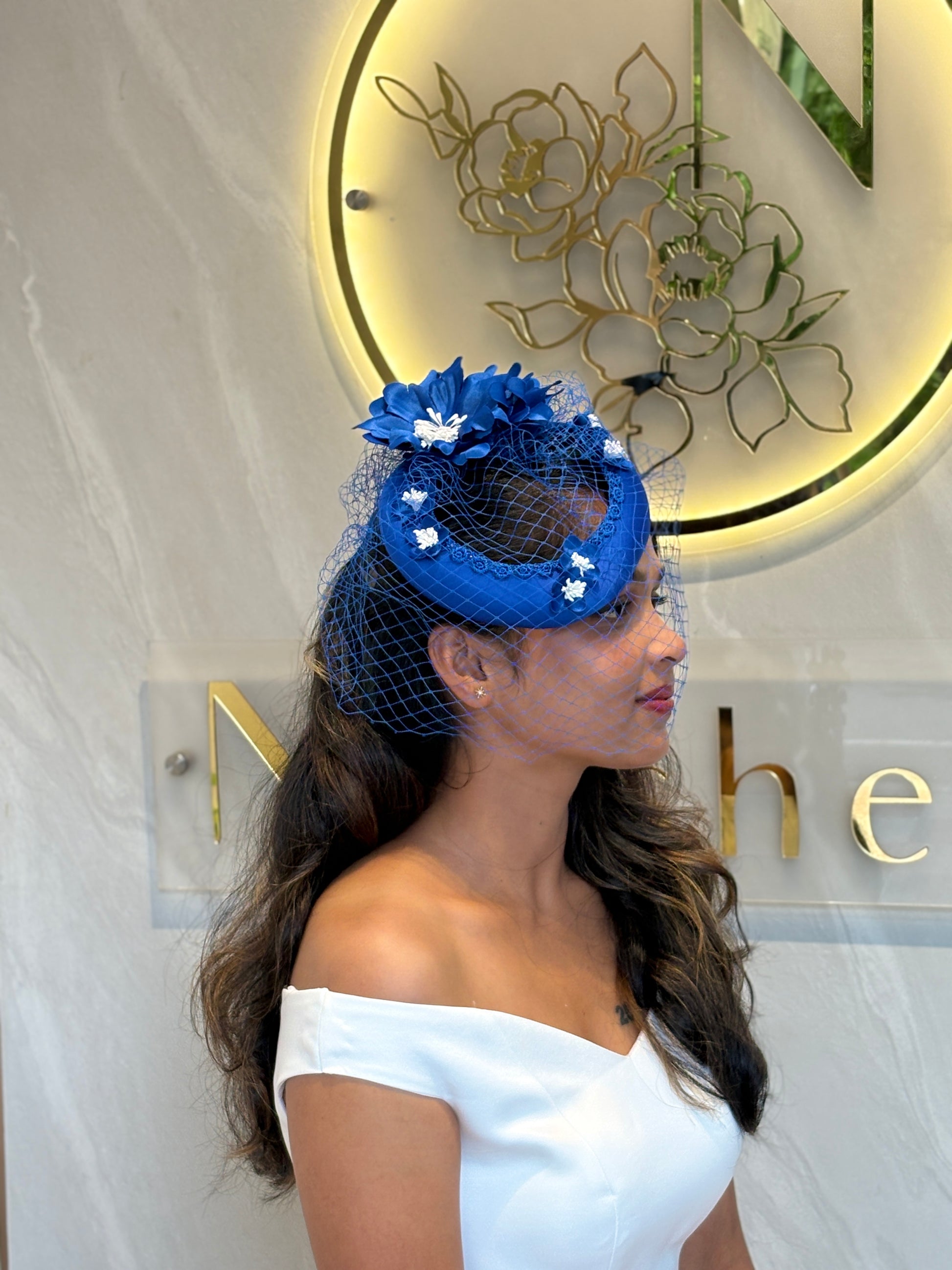 Statement Ruffle Bloom Fascinator – Royal Blue & Black | Oversized Sculpted Mesh Headpiece for Wedding & Race Day Looks