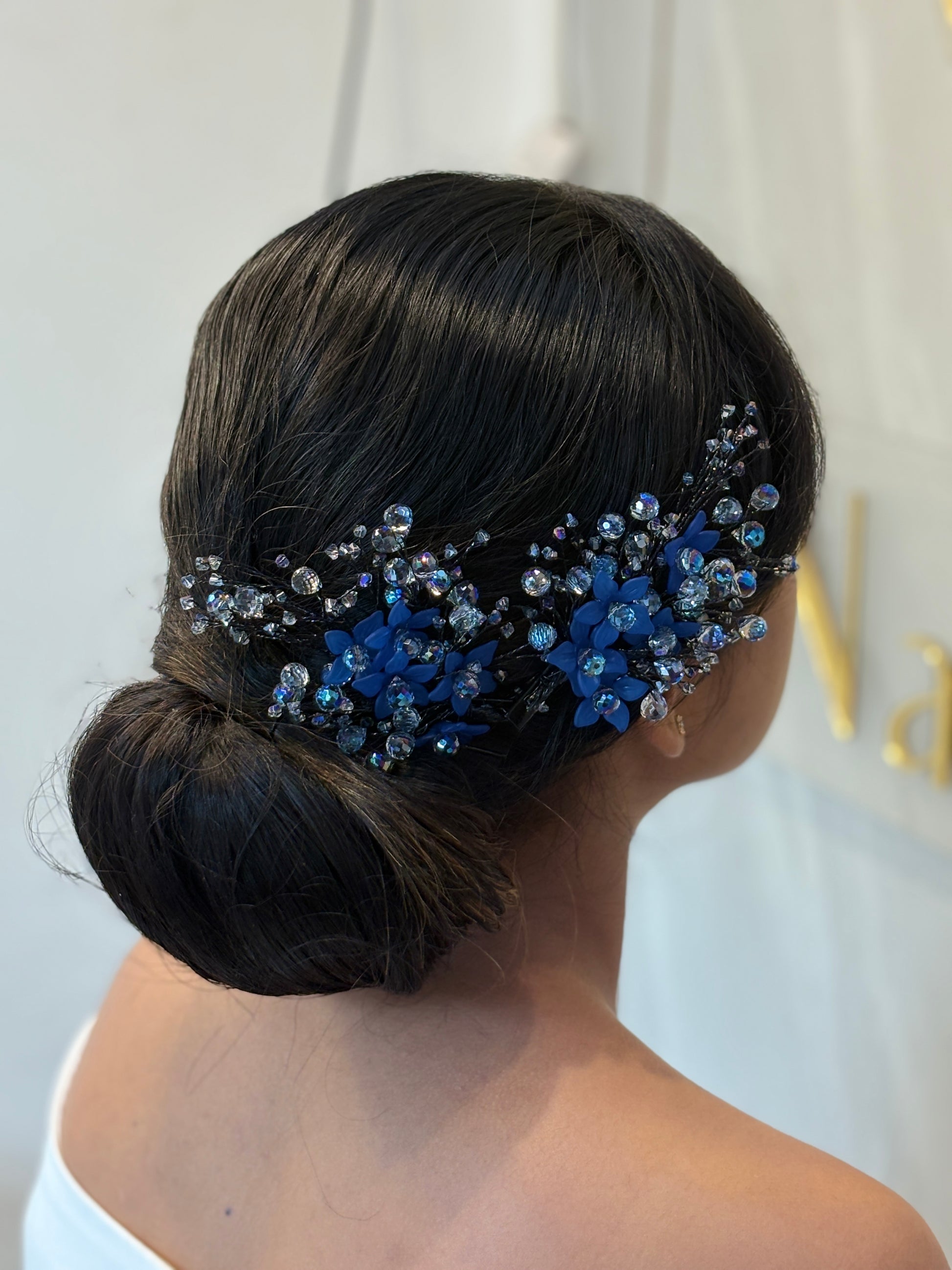 Bold Blue Hair Accessory | Wedding Hairpiece with Crystals | Floral Hair Clip for Buns | Handmade Beaded Headpiece | Statement Hair Vine for Brides | Elegant Earring Set | Sparkly Updo Jewelry