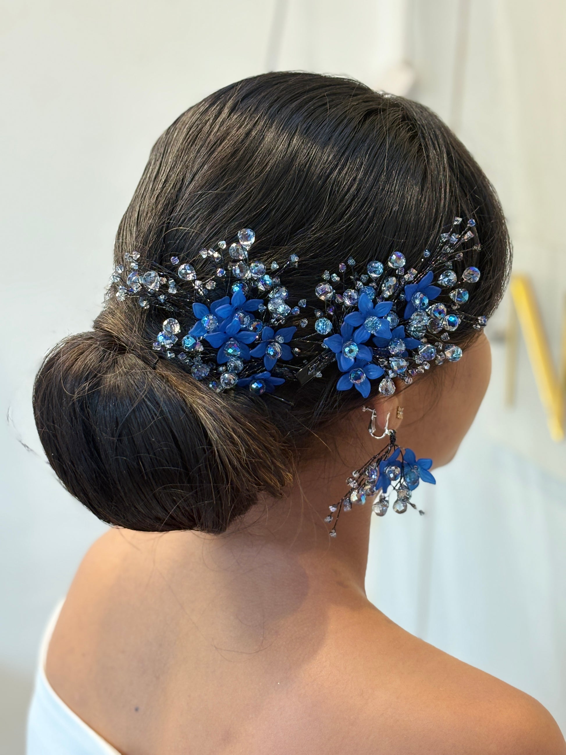 Bold Blue Hair Accessory | Wedding Hairpiece with Crystals | Floral Hair Clip for Buns | Handmade Beaded Headpiece | Statement Hair Vine for Brides | Elegant Earring Set | Sparkly Updo Jewelry