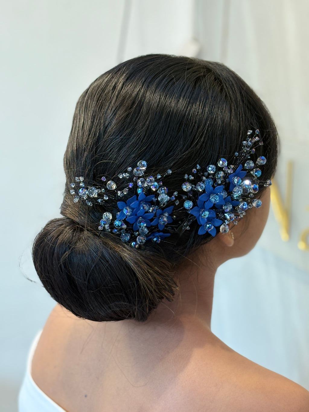 Bold Blue Hair Accessory | Wedding Hairpiece with Crystals | Floral Hair Clip for Buns | Handmade Beaded Headpiece | Statement Hair Vine for Brides | Elegant Earring Set | Sparkly Updo Jewelry