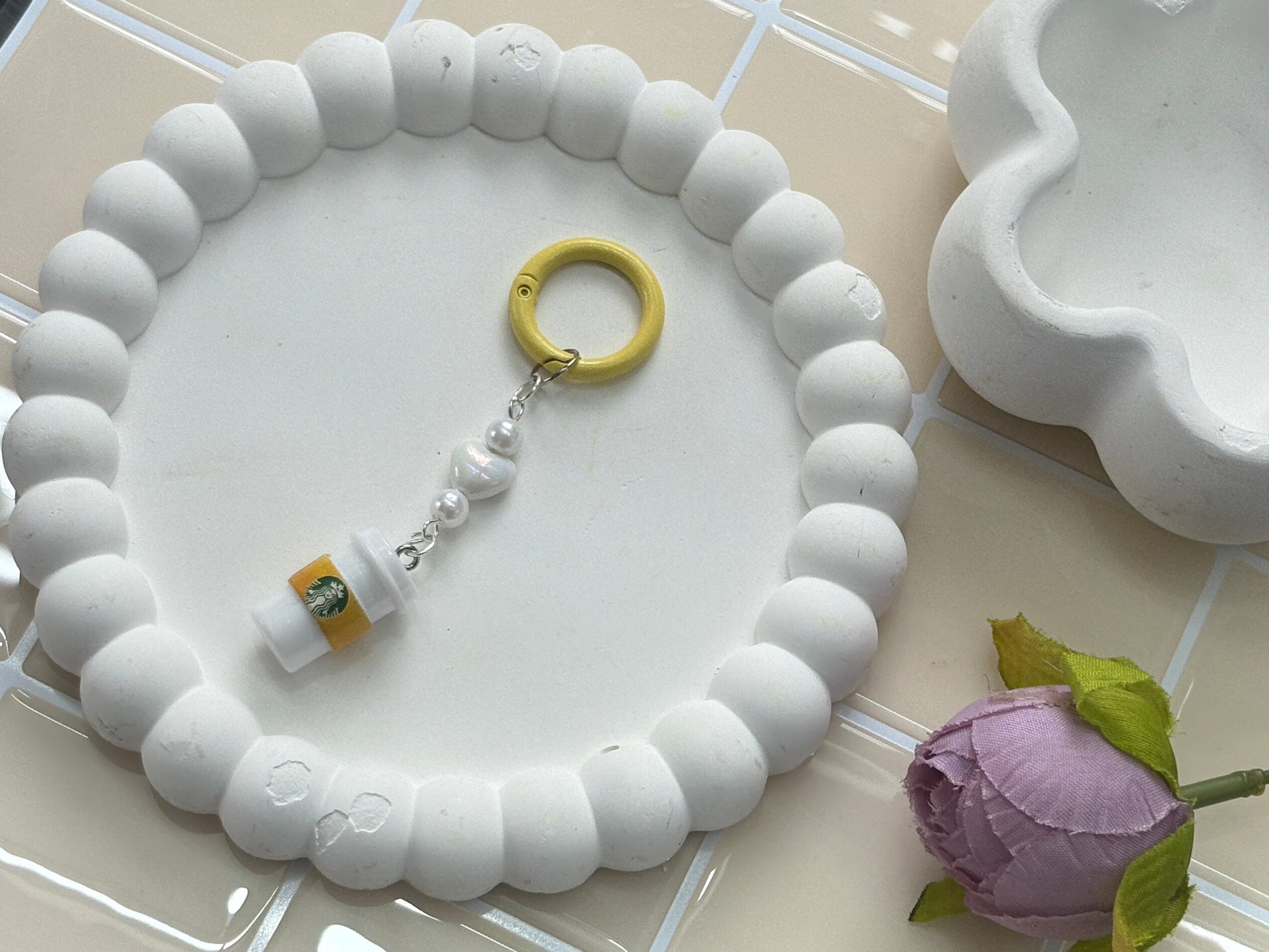 Mini Starbucks Coffee Cup Charm Keychain | Pearl & Heart Bead Accent | Cute Aesthetic Bag & Phone Accessory