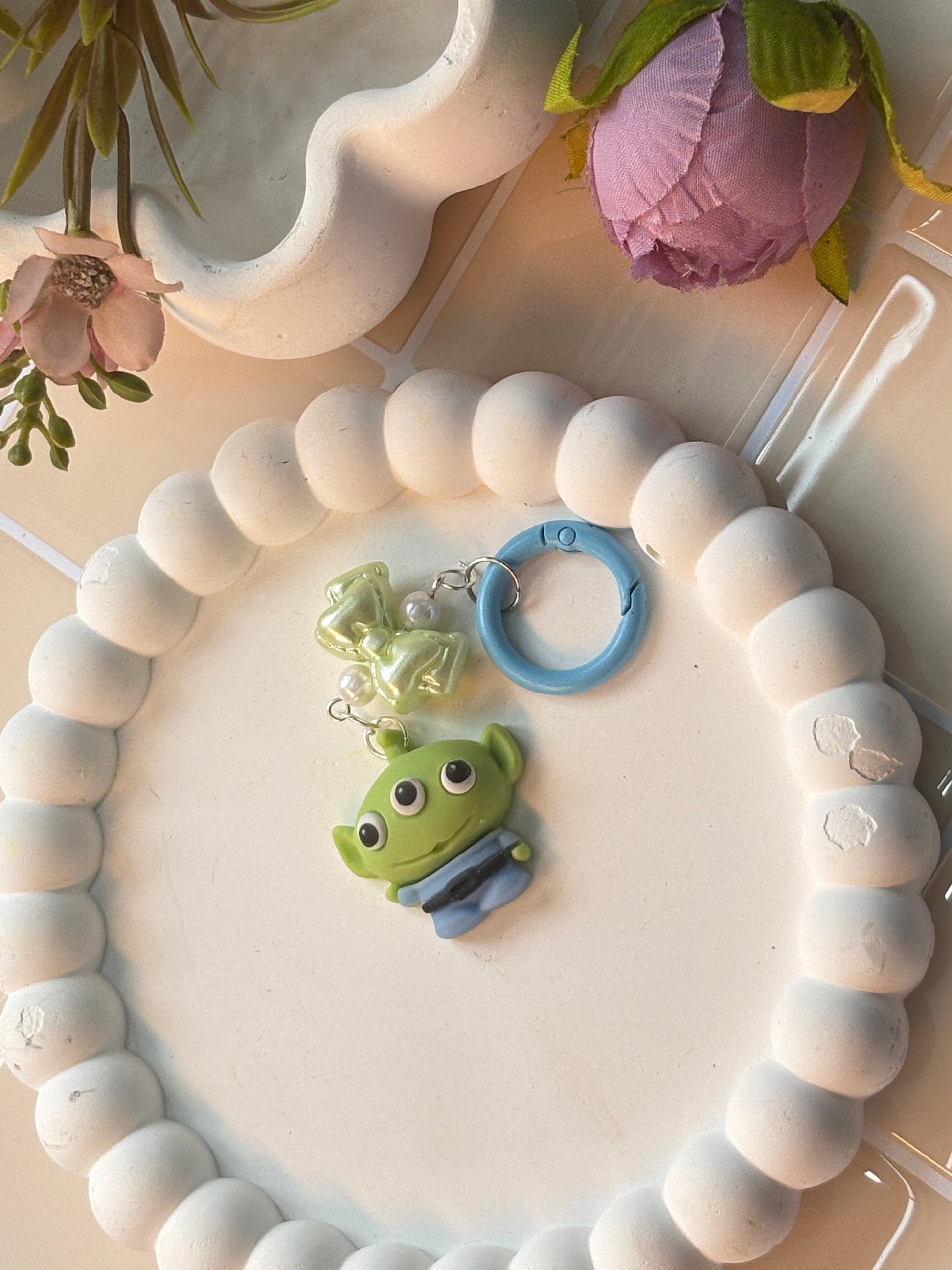 Alien Charm Keychain | Cute Space Alien Character with Pastel Green Bow | Fun Kawaii Bag Accessory