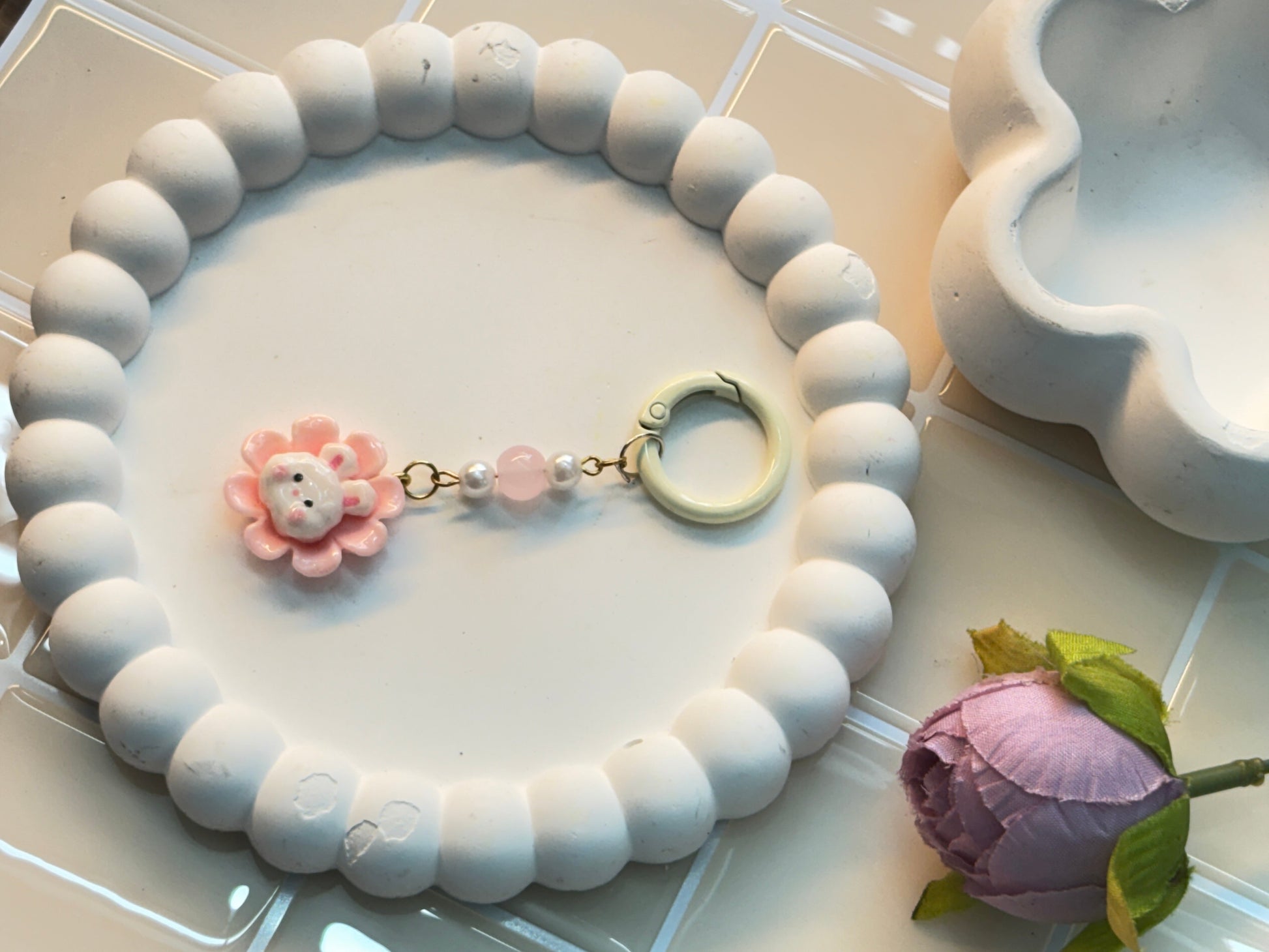 Pink Bunny Flower Charm Keychain | Pastel Pearl Accent | Cute Soft Girl Aesthetic Accessory
