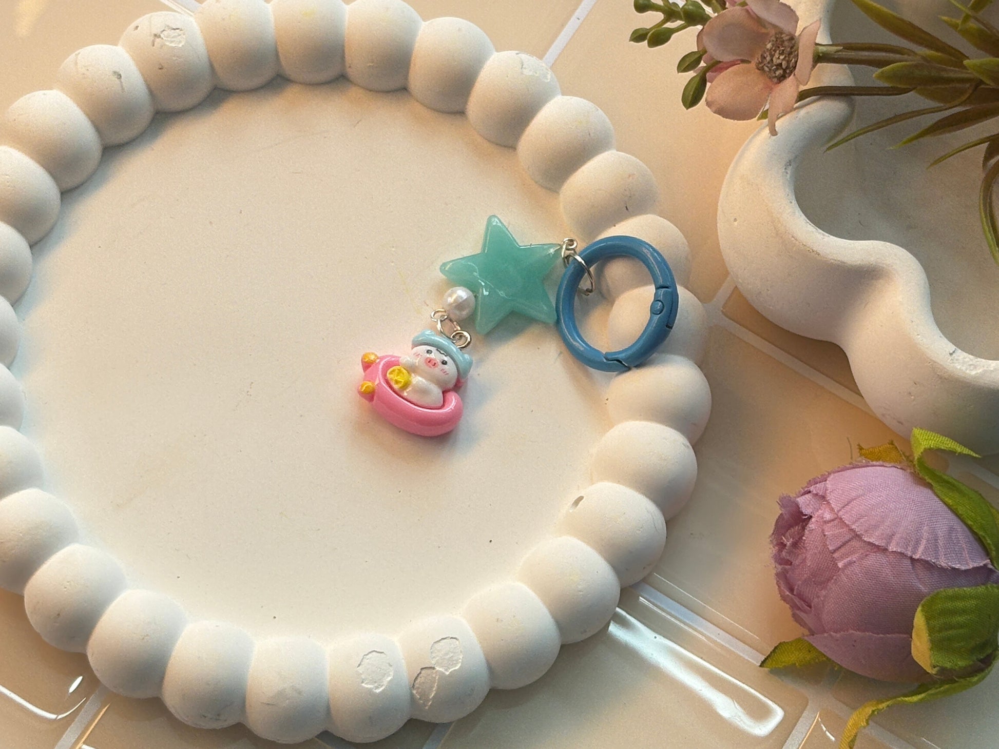 Star & Bear in UFO Keychain | Aqua Star with Pink Flying Saucer Bear | Playful Space-Themed Accessory