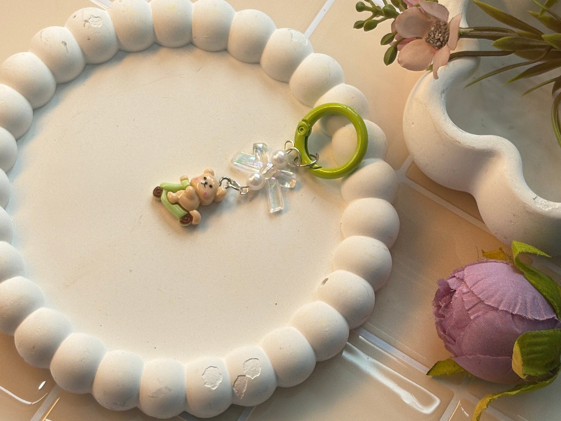 Bear on Scooter Keychain | Cute Teddy with Iridescent Star Charm | Kawaii Green Scooter Accessory