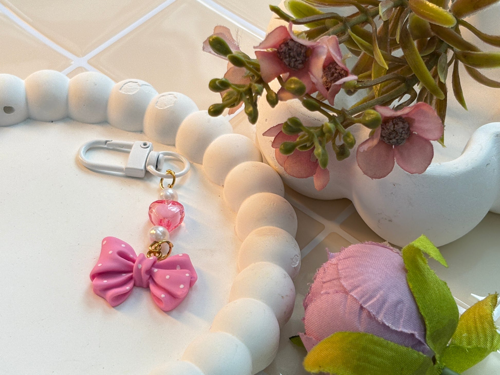 Pink Polka Dot Bow Charm Keychain | Cute Kawaii Bag Accessory | Handmade Phone Charm with Heart Bead