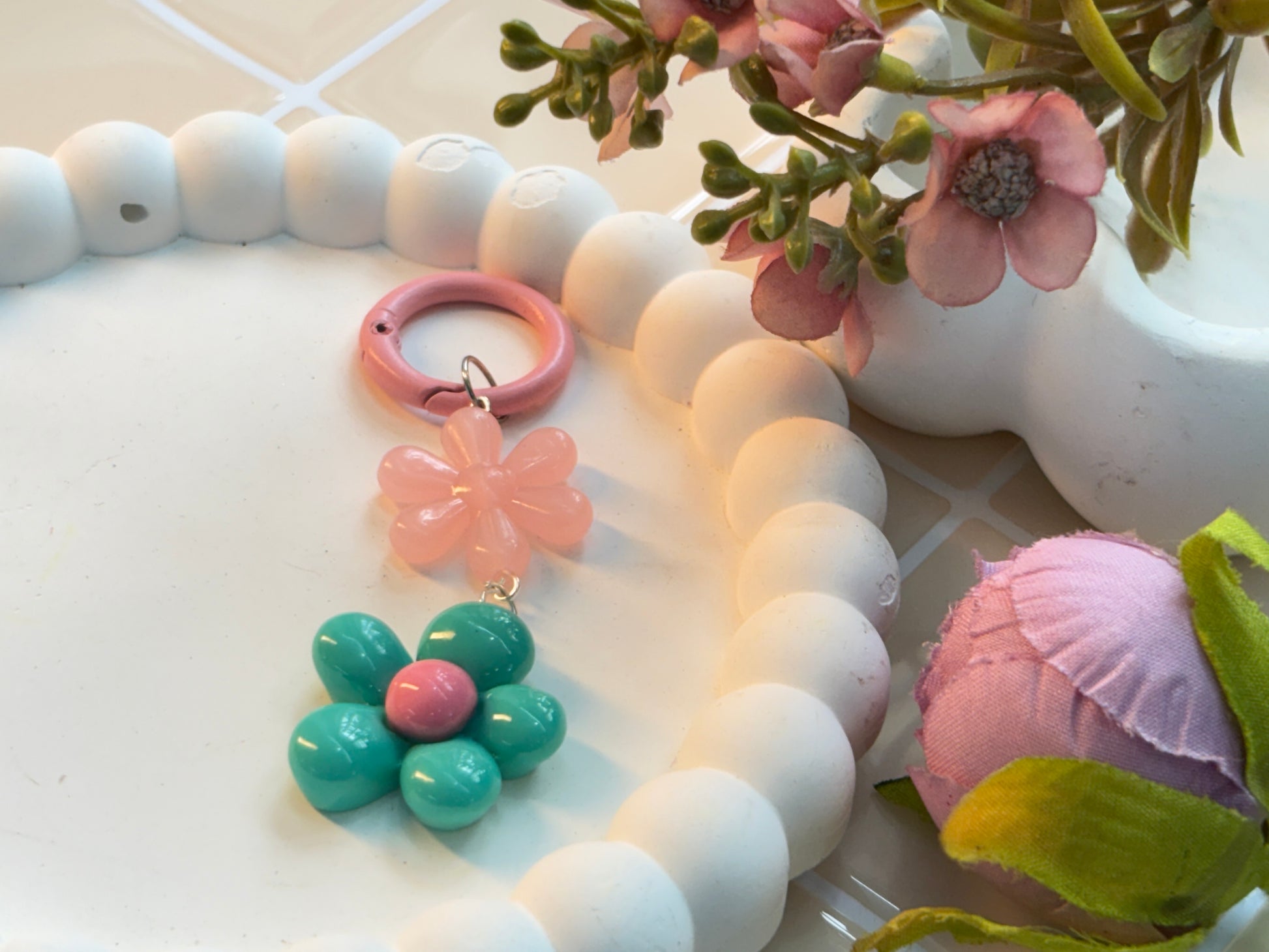 Flower Power Charm | Kawaii Pink and Teal Floral Keychain | Handmade Cottagecore Phone Accessory