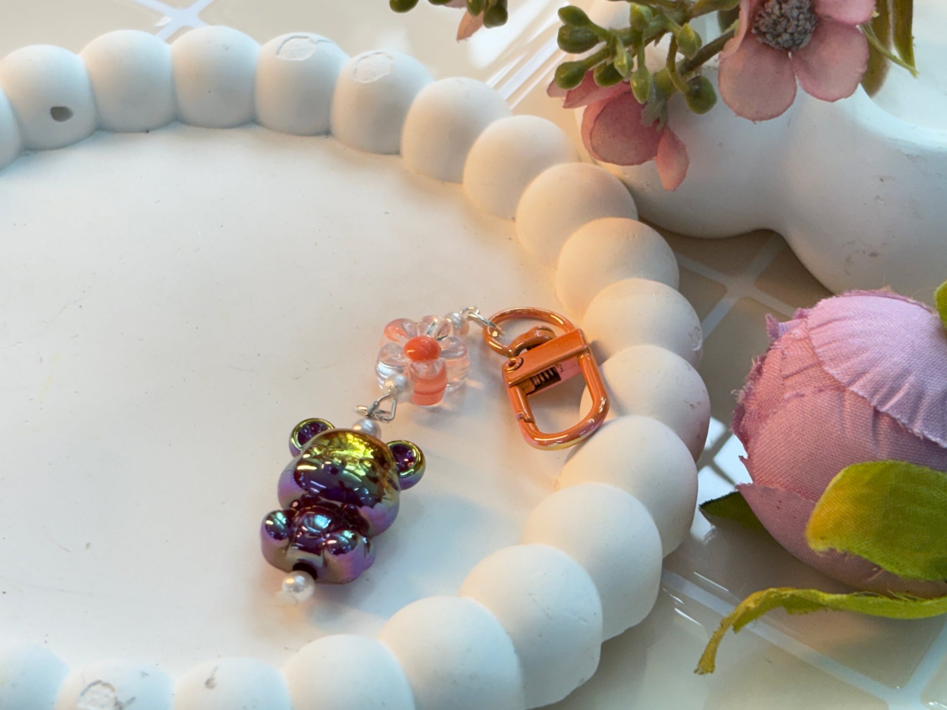 Sunset Iridescent Bear Charm | Holographic Kawaii Teddy Keychain | Cute Handmade Phone Accessory with Beads