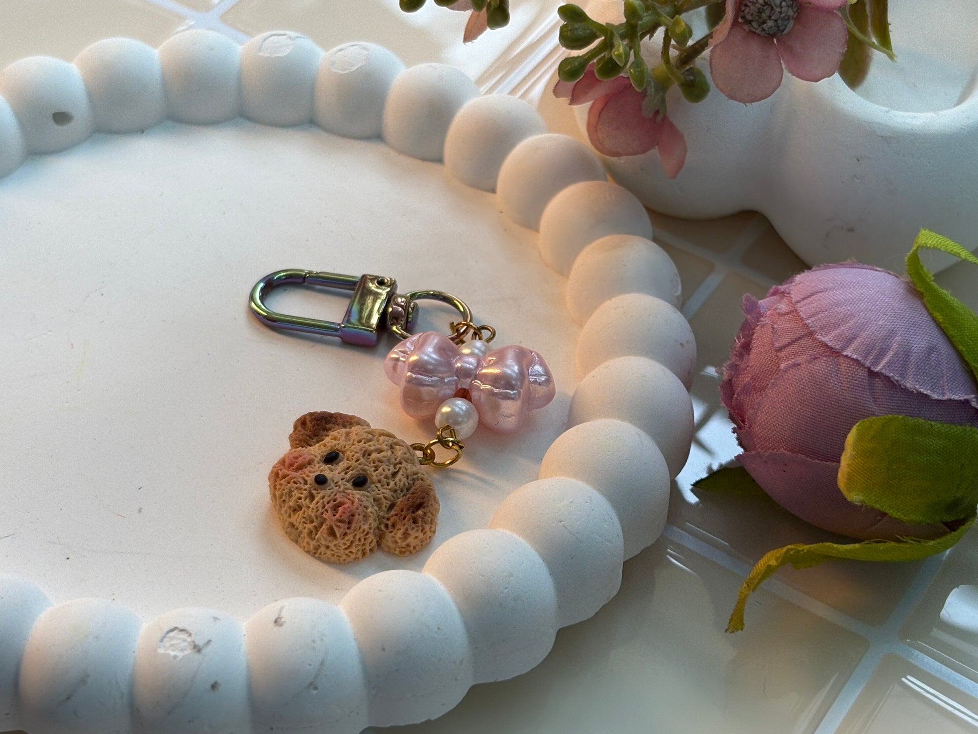 Crochet Puppy Charm | Handmade Soft Dog Keychain | Kawaii Plush-Inspired Bag Accessory| available in pink and cream bow