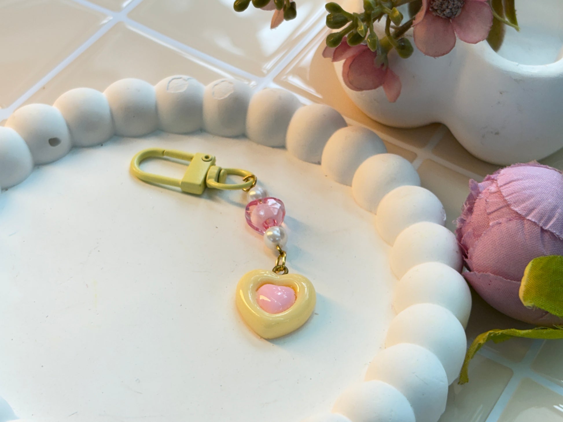 Pastel Pink Heart Keychain |Kawaii Yellow Charm with Beads & Pearls|Cute Key Ring for Girls, Purse Charm, Aesthetic Gift