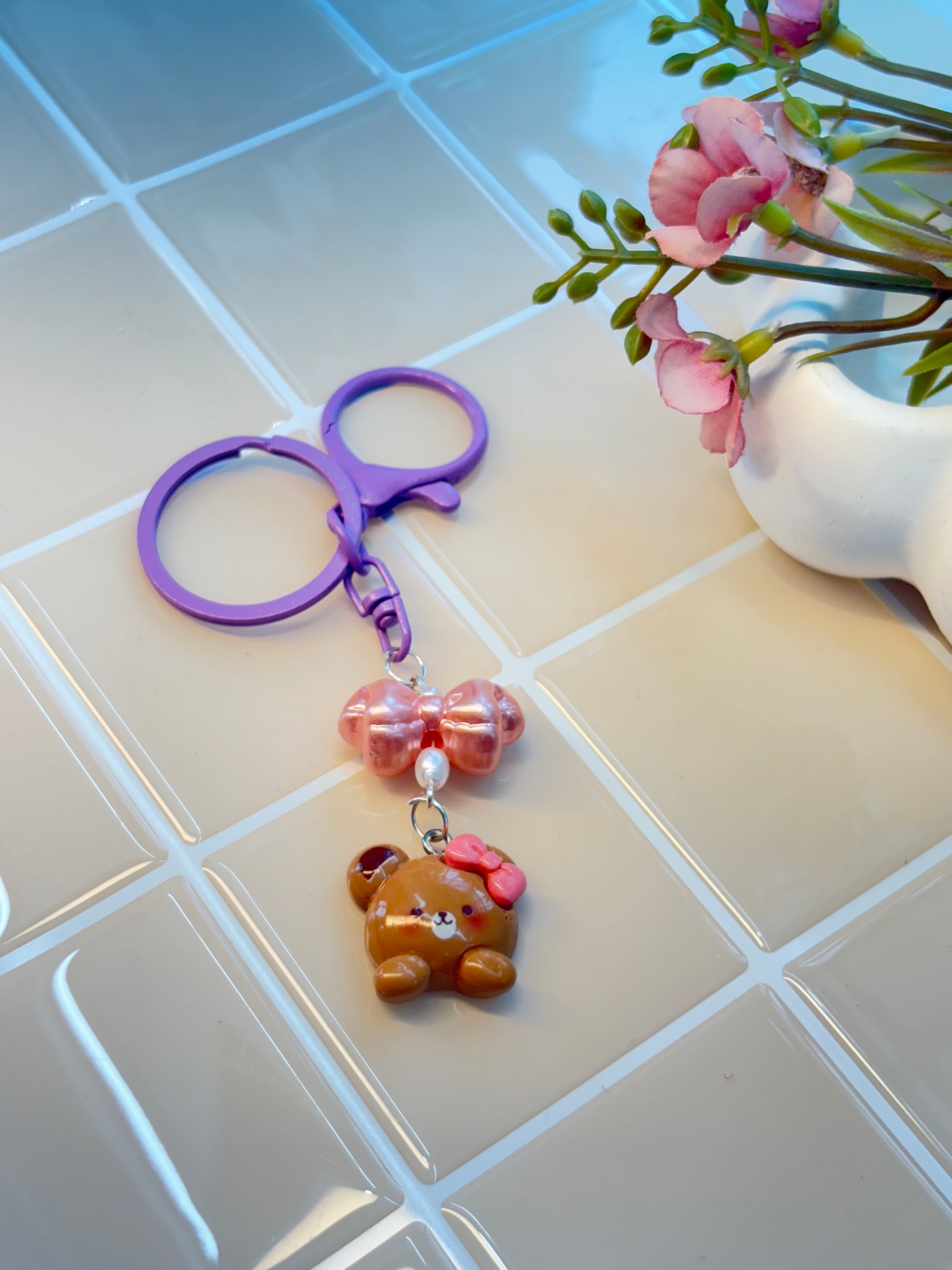 Lavender Keychain with Pink Bow & Bear Head Charm | Pearl Accent | Cute Gift for Phones, Bags & Key Rings