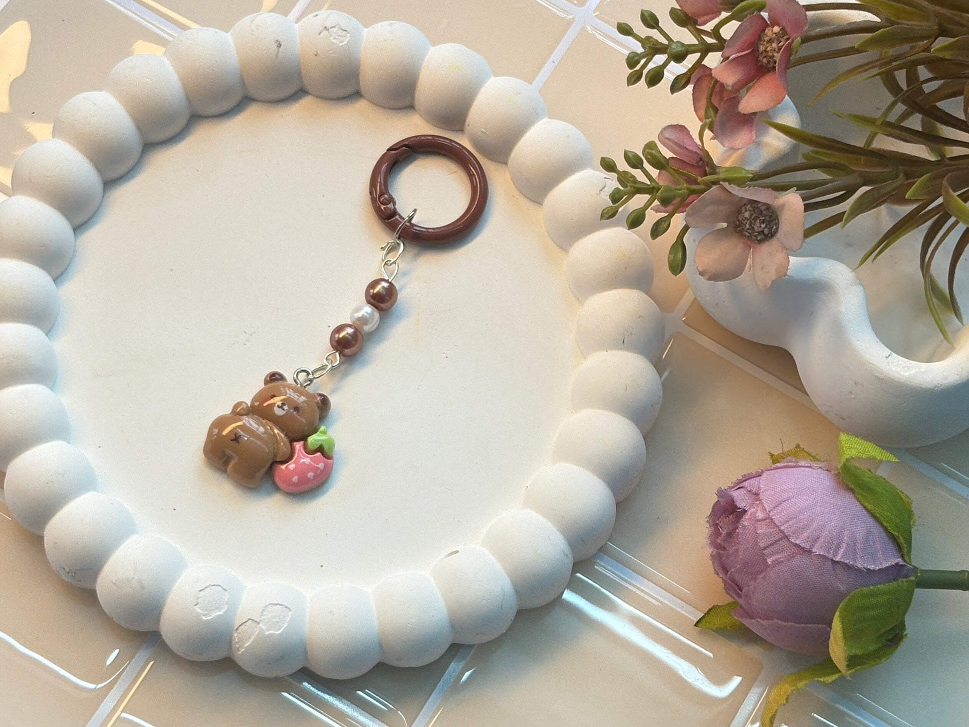 Chocolate Bear & Strawberry Charm Keychain | Brown Pearl Accent | Cozy Cute Accessory