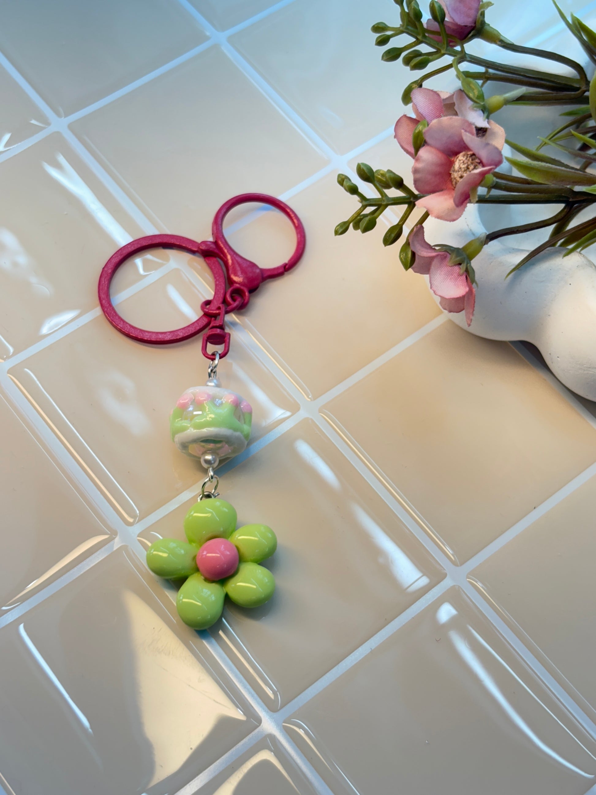 Green Flower & Pink Accent Charm Keychain with Pastel Bead | Playful Kawaii Accessory for Keys, Bags & Phone Cases