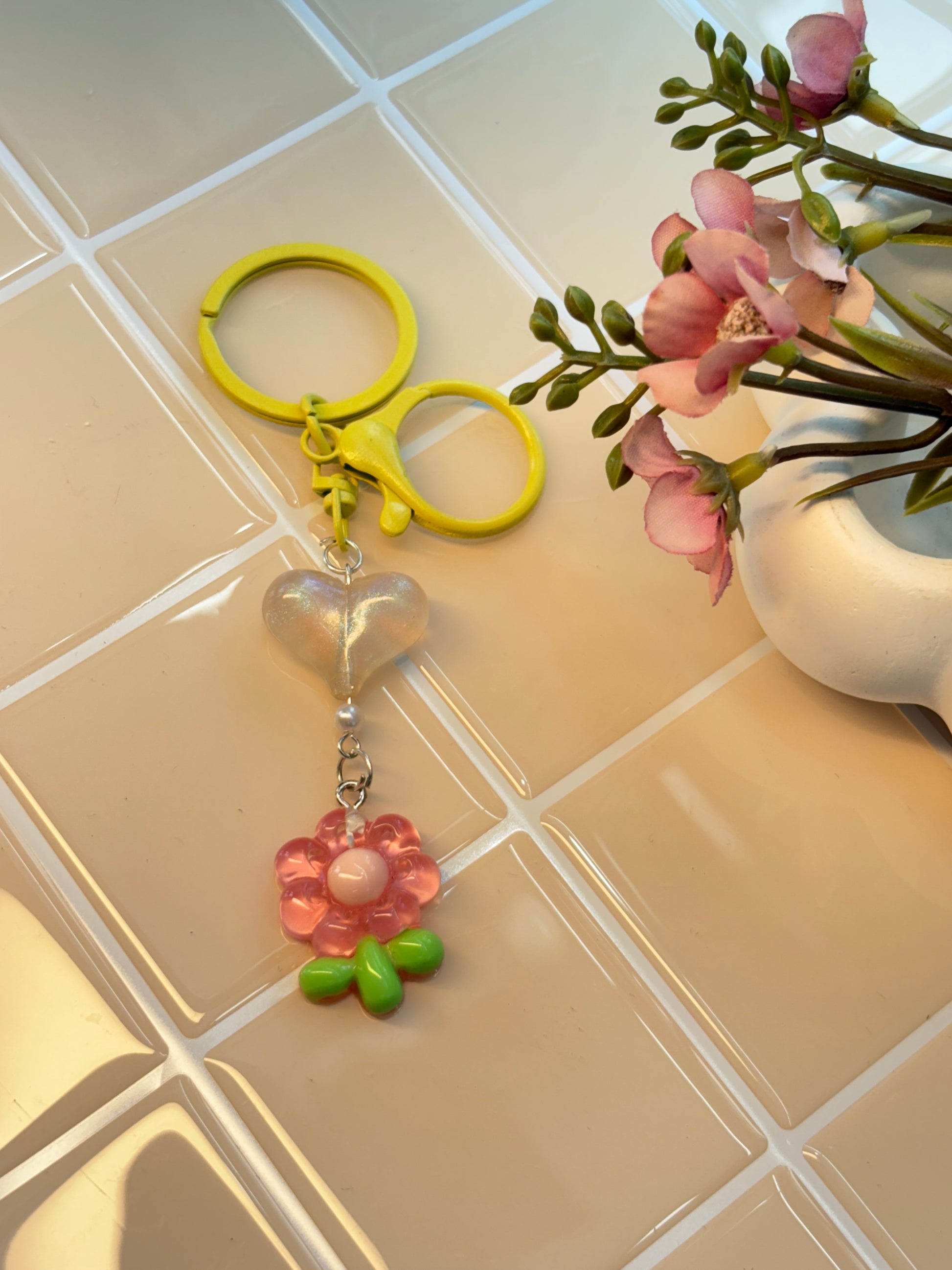 Sunny Yellow Keychain with Opal Heart & Pink Jelly Flower | Pearl Accent | Spring-Fresh Charm for Phones, Totes & Backpacks