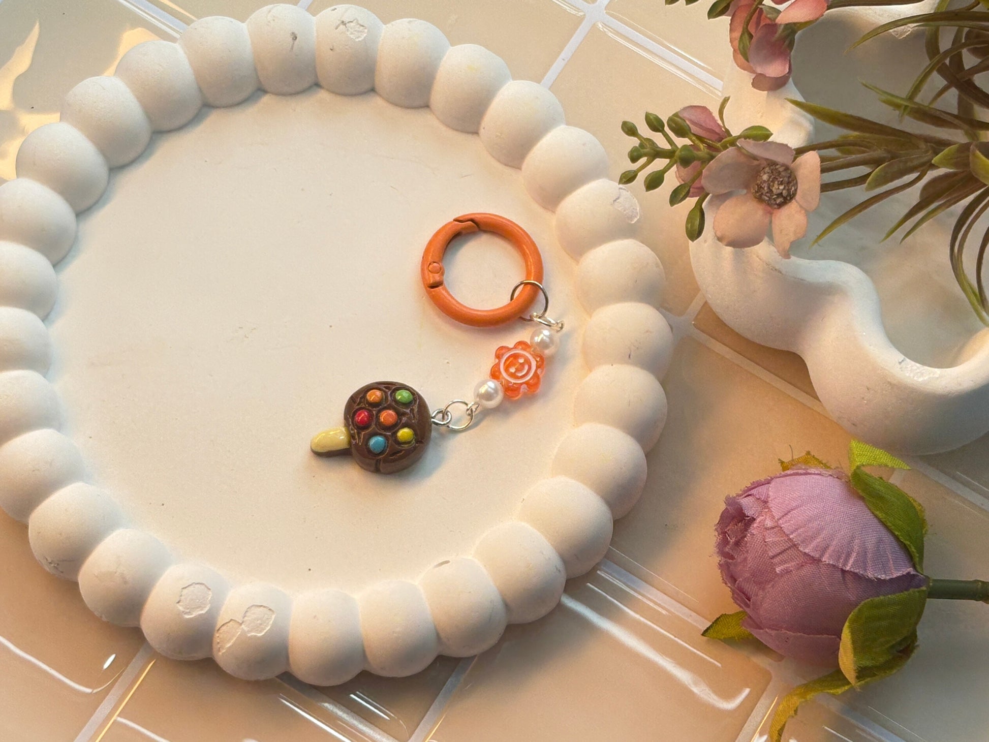 Chocolate Lollipop & Orange Flower Charm Keychain | Fun Candy-Themed Accessory | Colorful Kawaii Style