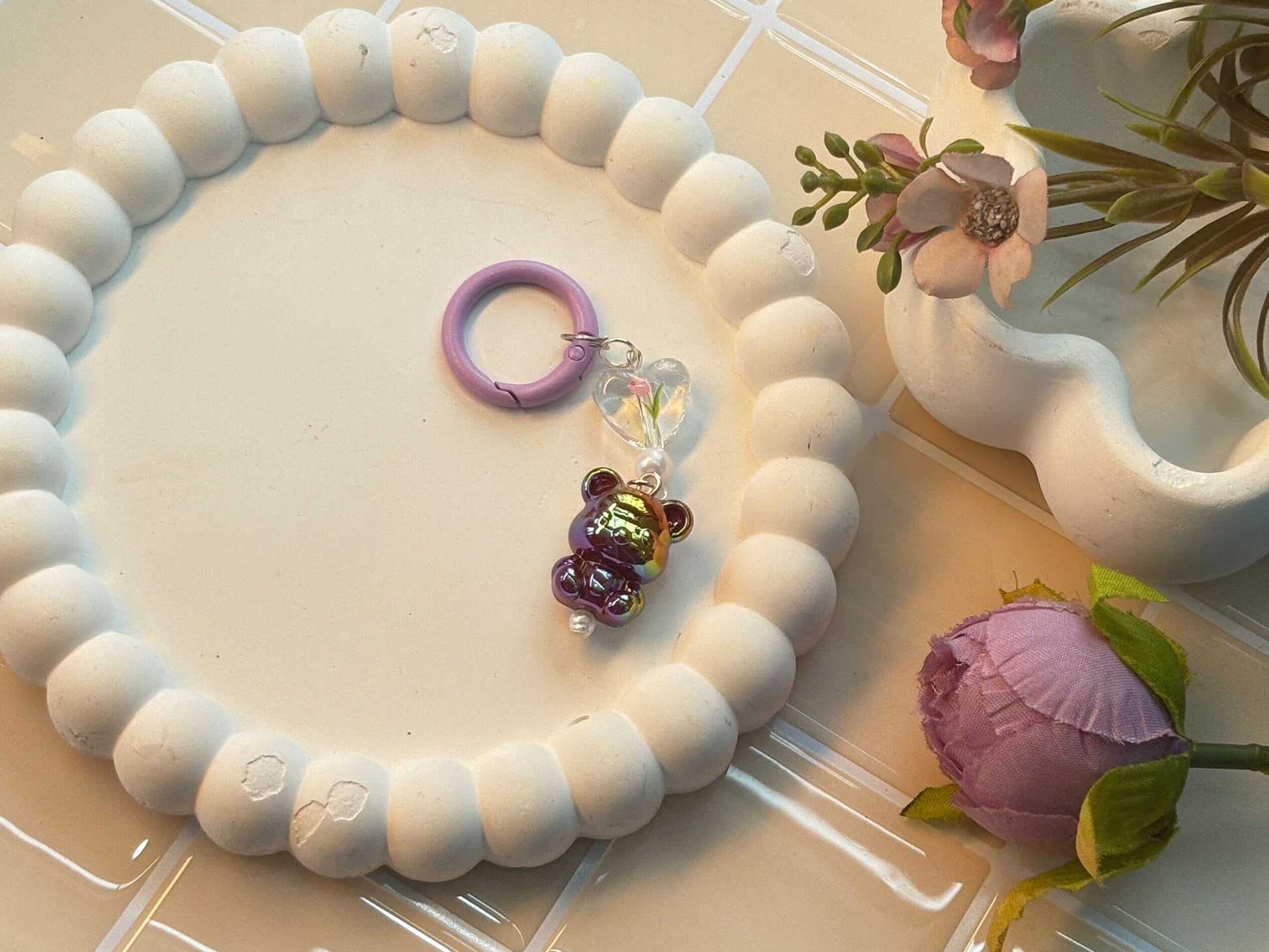 Iridescent Teddy Bear Charm Keychain | Purple Ring Accent | Shiny & Playful Kawaii Accessory
