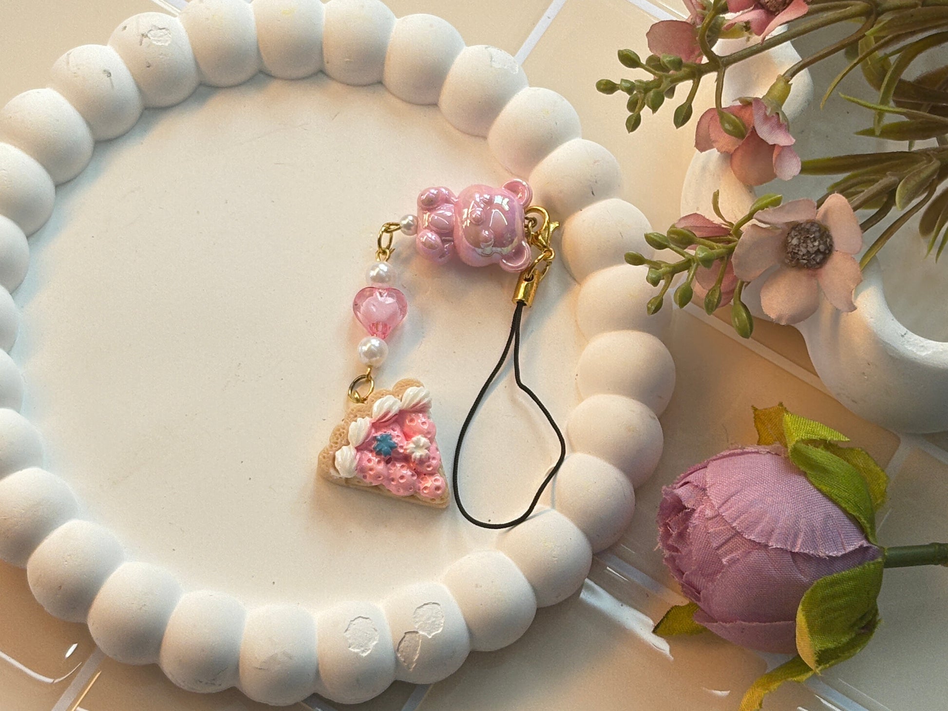 Pink Bear & Cake Charm Strap | Sweet Dessert Slice with Glossy Bear | Cute Kawaii Phone Accessory