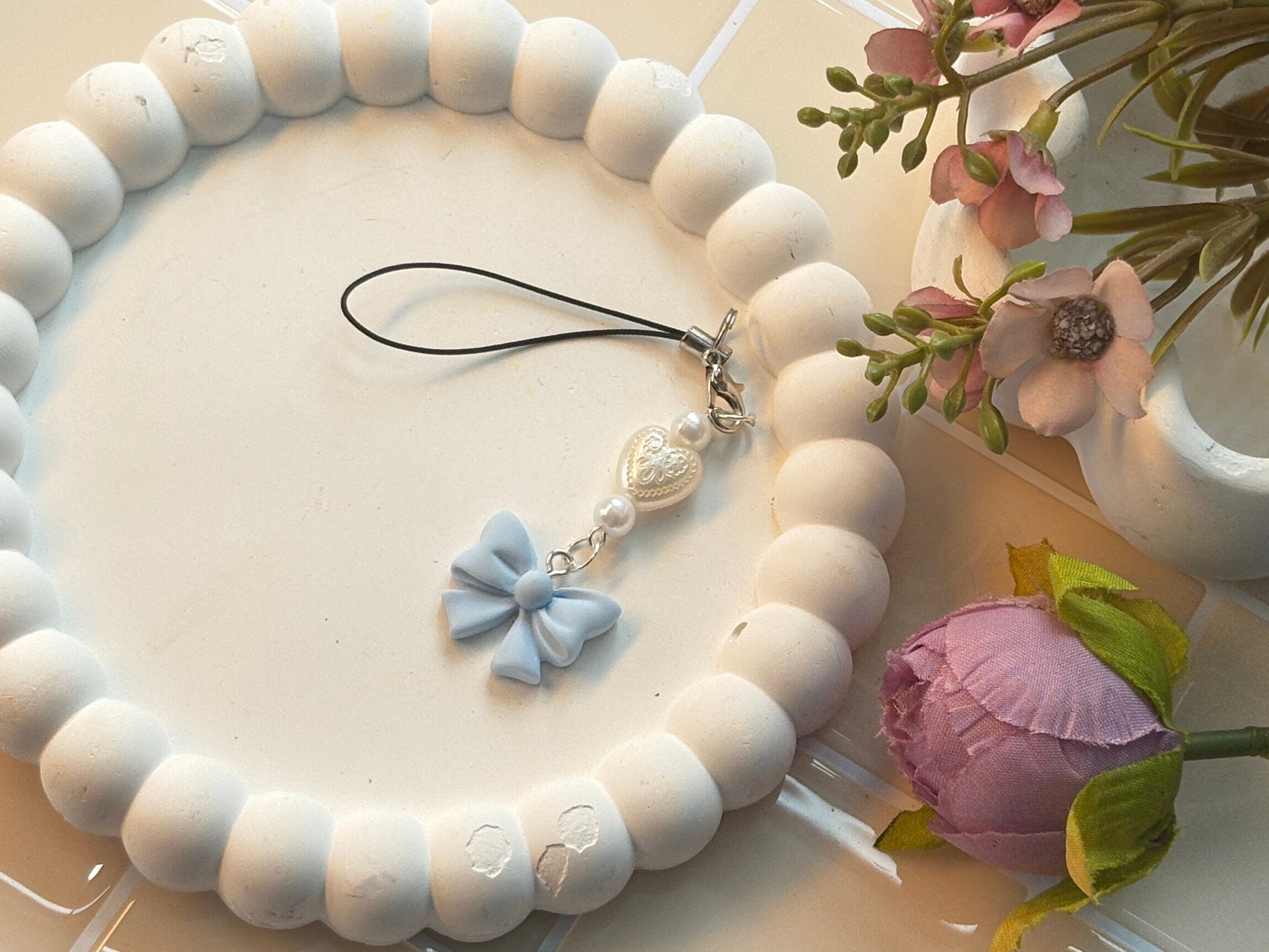 Blue Bow Charm with Heart Bead Strap | Elegant Pearl and Ribbon Look | Soft Kawaii Phone Accessory