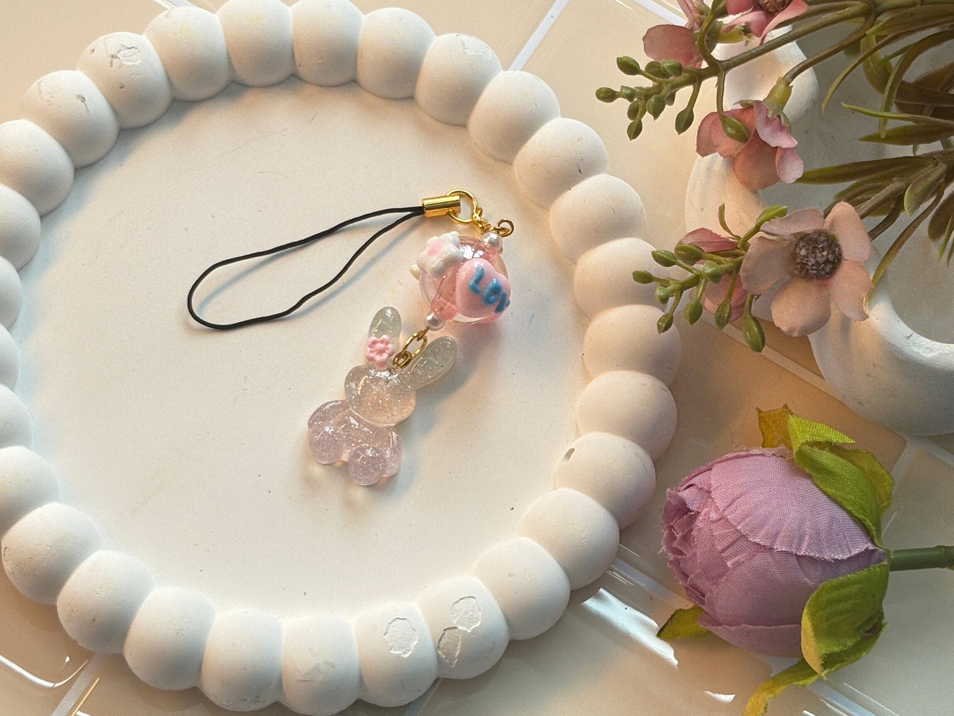 Glitter Bunny Charm with Pink Candy Bead | Sparkly Resin Rabbit and Floral Candy Ball | Playful Kawaii Phone Strap