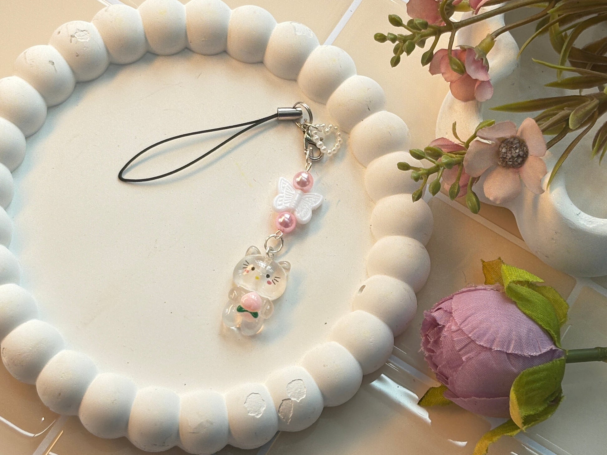 Clear Cat Charm with Butterfly & Pearl Beads | Pink Accents and Peach Detail | Sweet Kawaii Phone Accessory