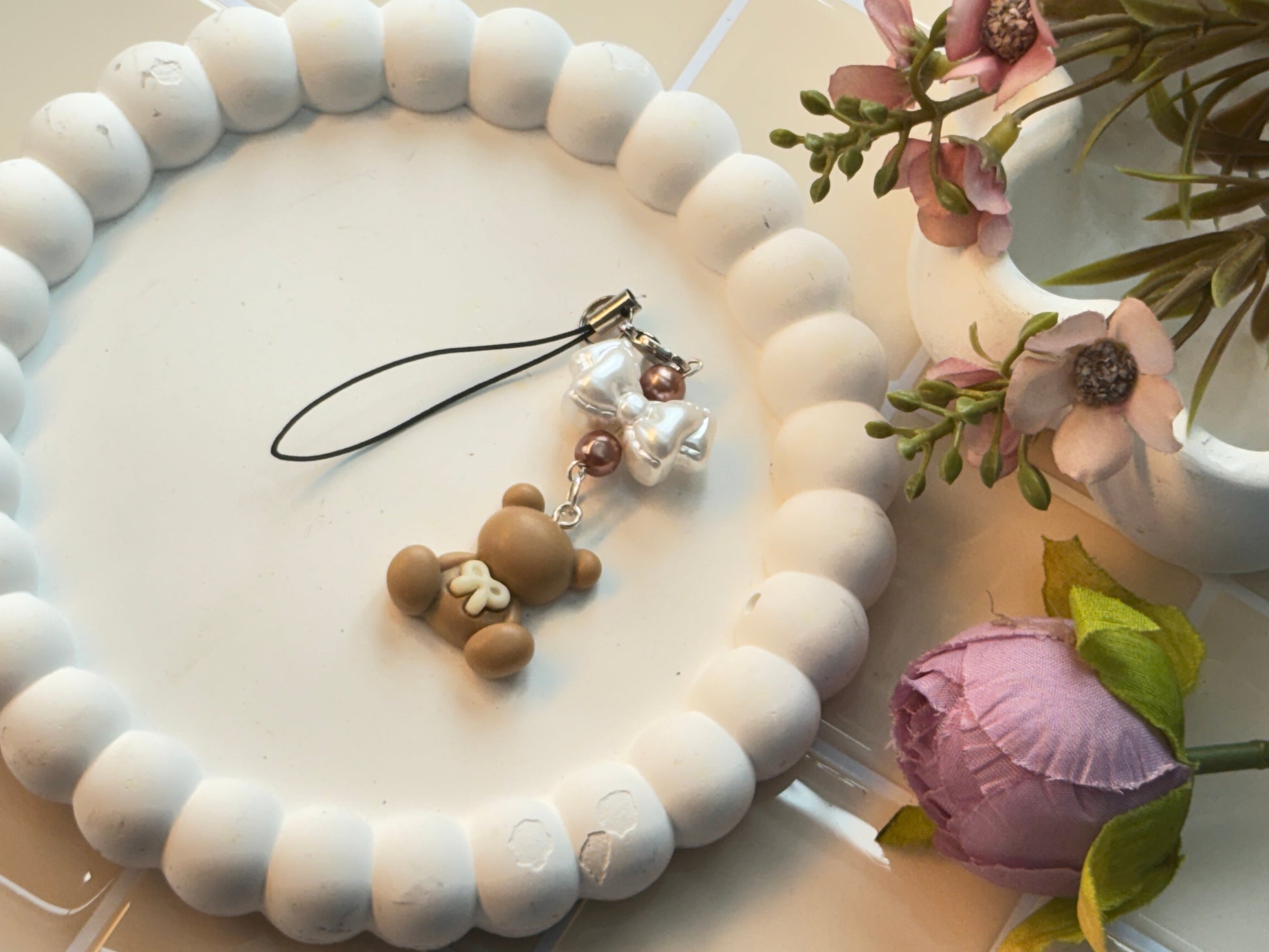 Teddy Bear Charm with Bow Accent | Pearl Cluster and Chocolate Beads | Cute Kawaii Phone Strap