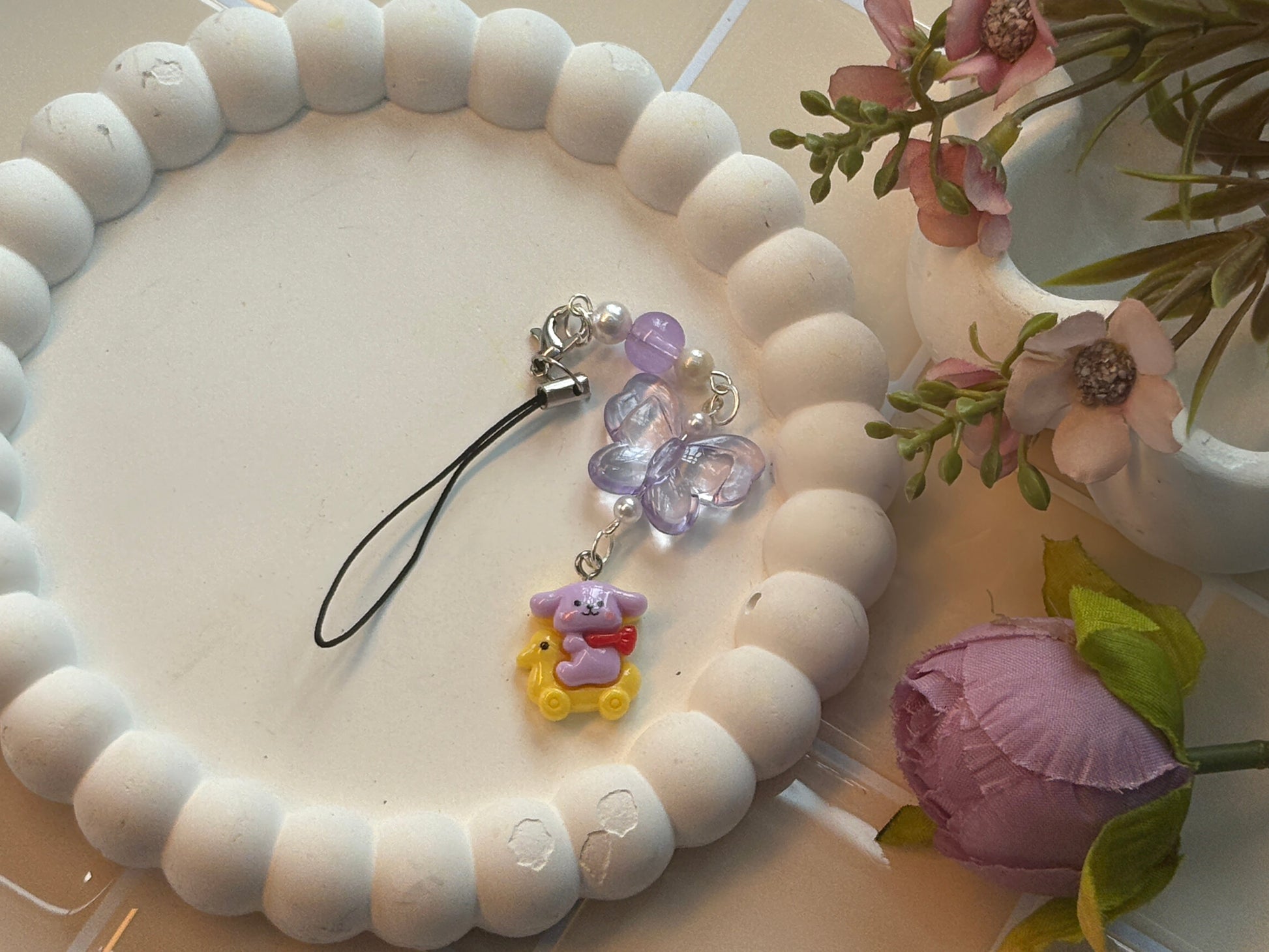 Kawaii Purple Butterfly & Bear Roller Skate Phone Charm | Handmade Beaded Accessory | Pastel Resin Keychain